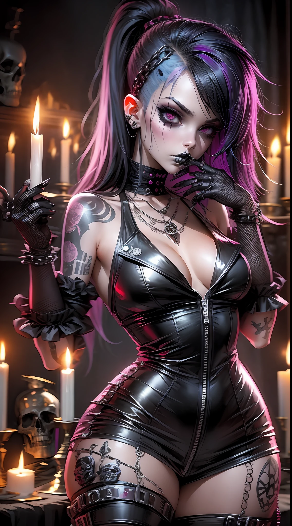 1Punk and goth girl with goth outfit,sexy,skulls and lit candles around and in the background