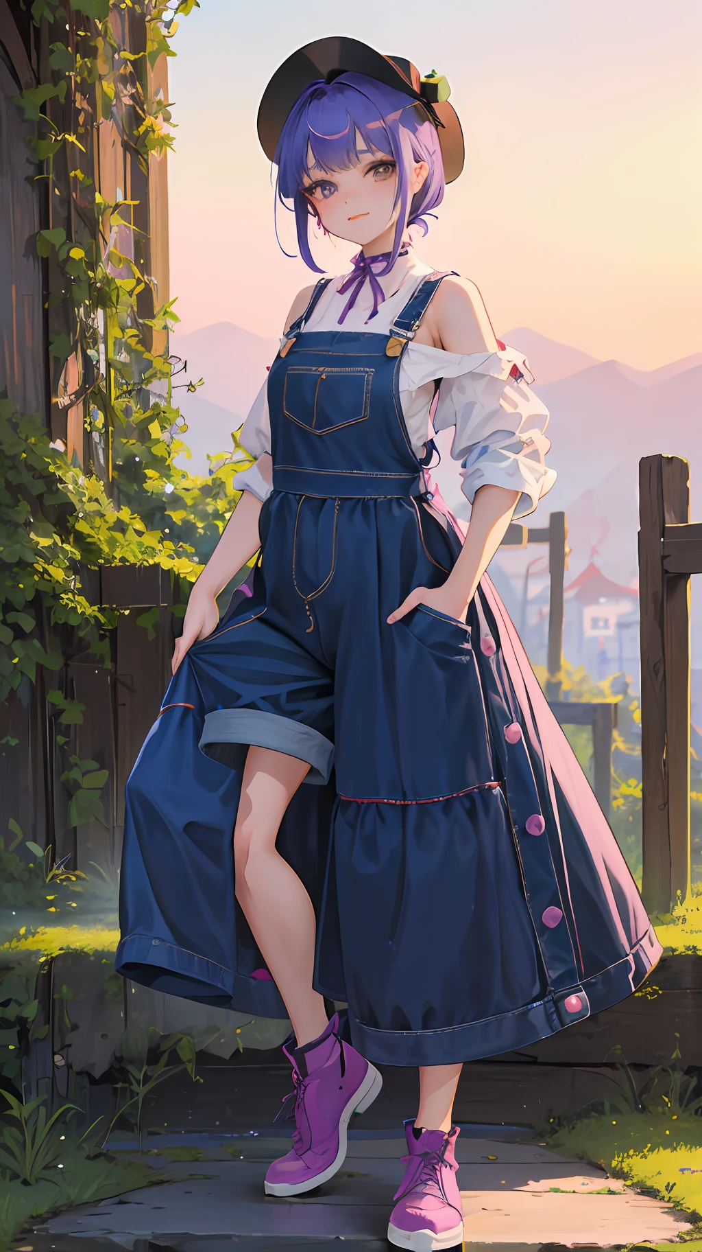 there is a woman in a dress and a hat posing for a picture, cute huge pockets, with a cute toad, cute girl wearing tank suit, cute huge pockets hardware, kawaii style, baggy purple overall shorts, rin, cute pockets, overalls, cute:2, ❤🔥🍄🌪, jpop clothing, 🪔 🎨;🌞🌄