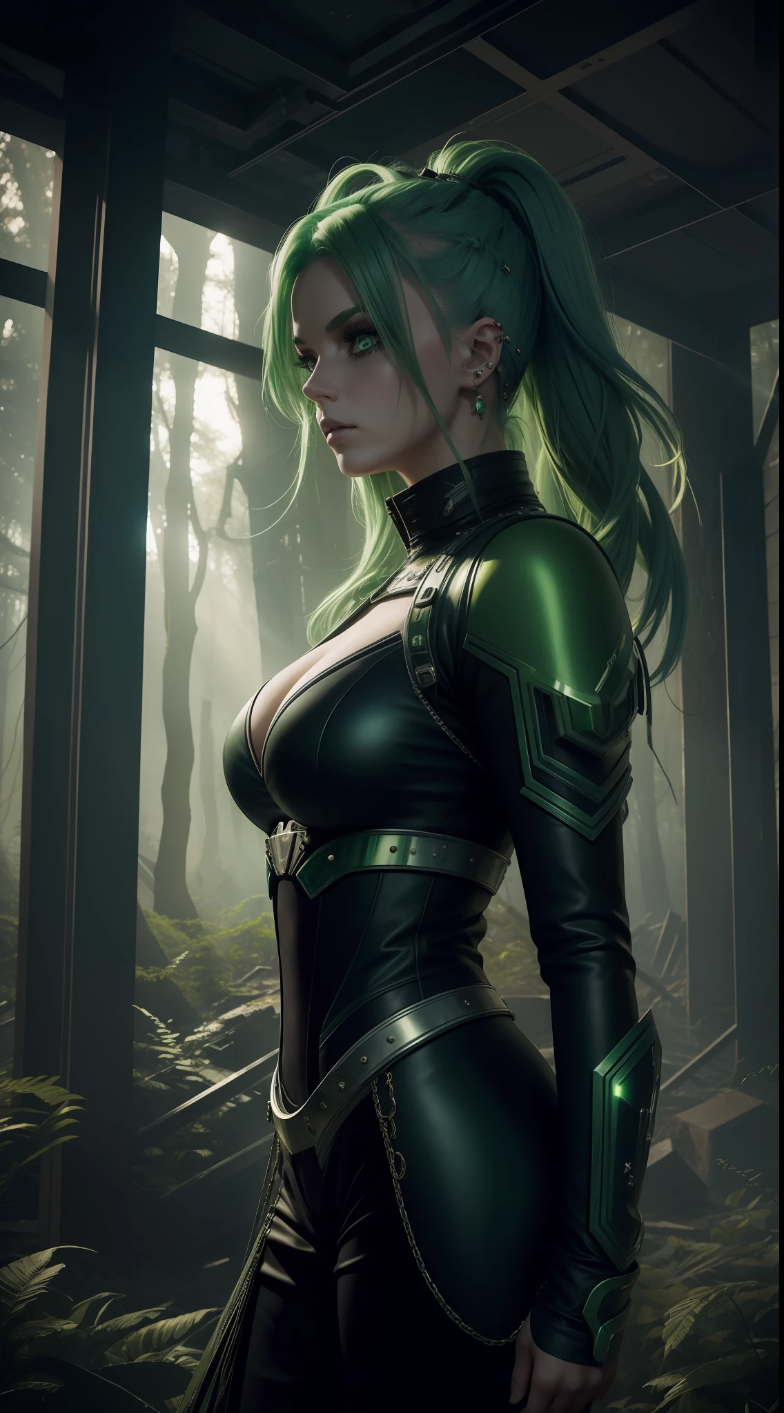 ((masterpiece 1.2)), high details, futuristic costume, woman with piercing look, green hair, set in abandoned buildings in the forest, 24mm lens, (4K), cinema, dramatic lighting, deep shadows, (intense HDR), canon, sparkle, textured