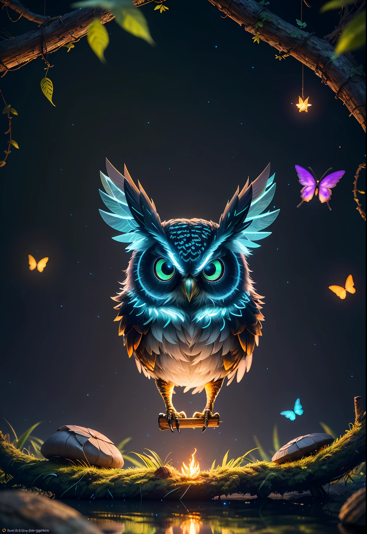 Masterpiece, best quality, extremely beautiful reflection, best reflection. (Very detailed CG unity 8k wallpaper), (best quality), (best illustration), (best shadow), a photo of a cybernetic owl, perched on barbed wire in a dark alley. His eyes are neon blue, reflecting the lights of the surrounding city. The feathers are fragmented and iridescent, and there is a wonderful code running through them. The shots used create a deformation effect, giving the impression that an owl is observing the viewer from all angles, with a forest theme with natural elements. Tall trees, quiet stream, glowing small mushrooms surrounded by delicate leaves and branches, and fireflies and glowing particle effects, (natural elements), (jungle theme), (leaves), (branches), (fireflies), butterflies, (delicate leaves), (glow), (particle effects), isometric 3D, Octane rendering, ray tracing, super detailed