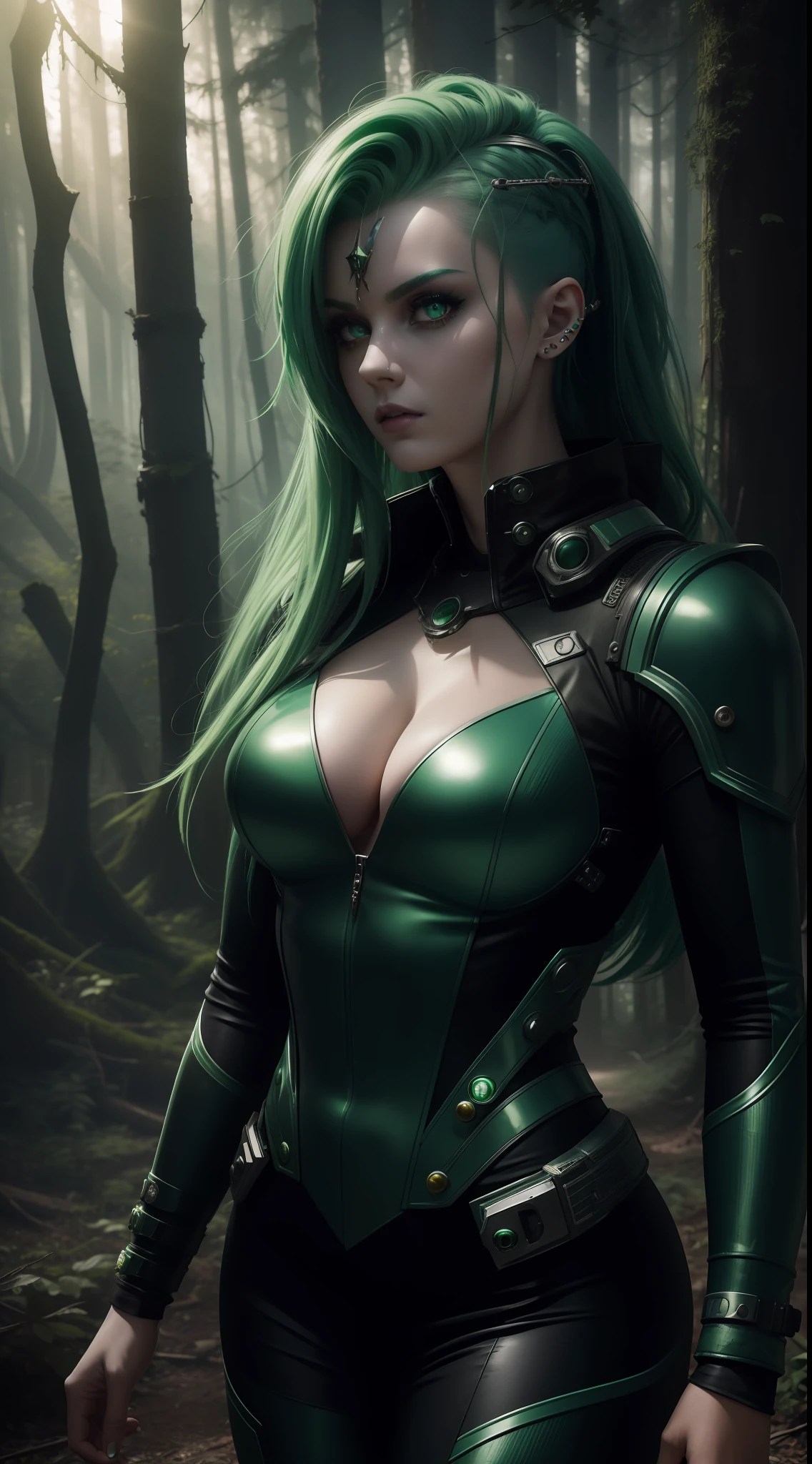 ((masterpiece 1.2)), high details, futuristic costume, woman with piercing look, green hair, set in abandoned buildings in the forest, 24mm lens, (4K), cinema, dramatic lighting, deep shadows, (intense HDR), canon, sparkle, textured