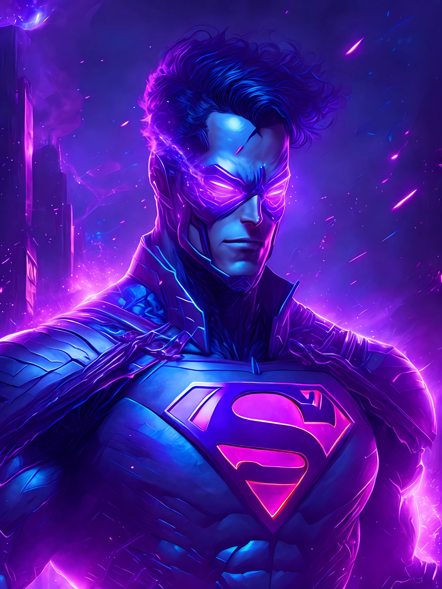 gloomy portrait of Cyborg Superman Violet Lantern from DC, extremely detailed, futuristic cityscape, nighttime, glowing neon lights, smoke, sparks, metal shavings, flying debris, blue energy effects, volumetric light