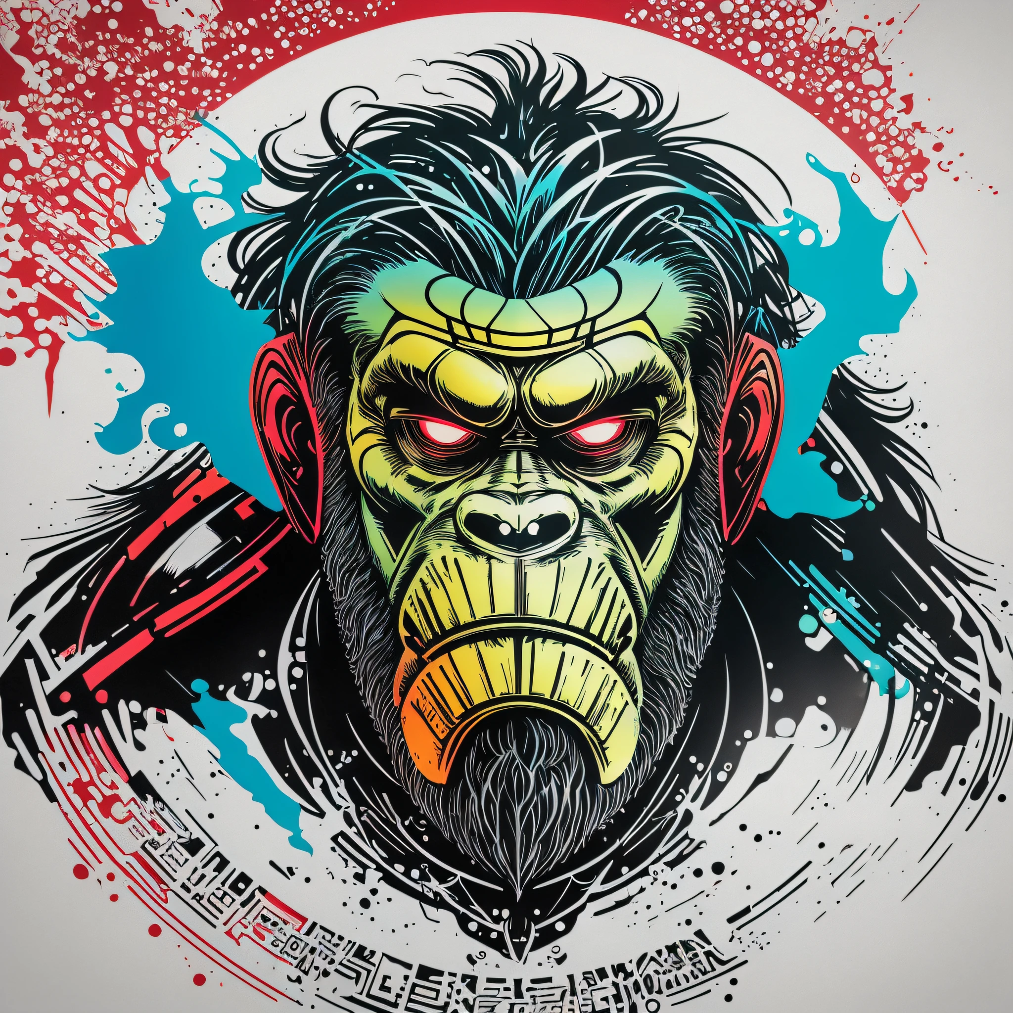 (a portrait of Cyberpunk KING KONG with colored fluid), T-shirt logo in tapered thin outline style, spell view, artwork in (empty background:1.4) --auto --s2