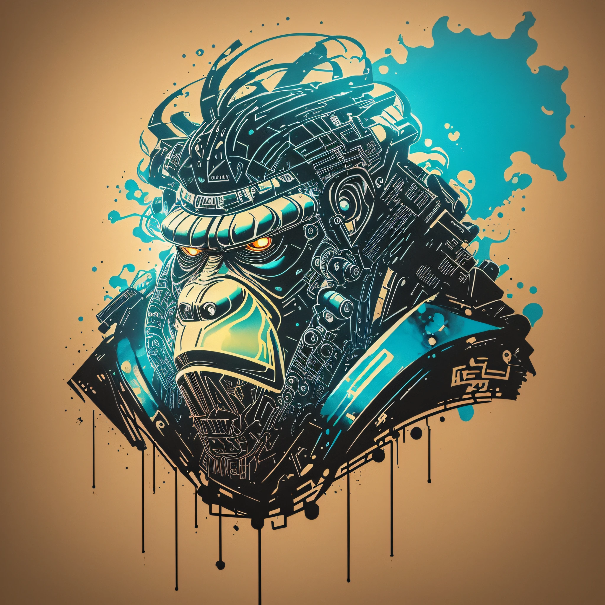 (a portrait of Cyberpunk KING KONG with colored fluid), T-shirt logo in tapered thin outline style, spell view, artwork in (empty background:1.4) --auto --s2