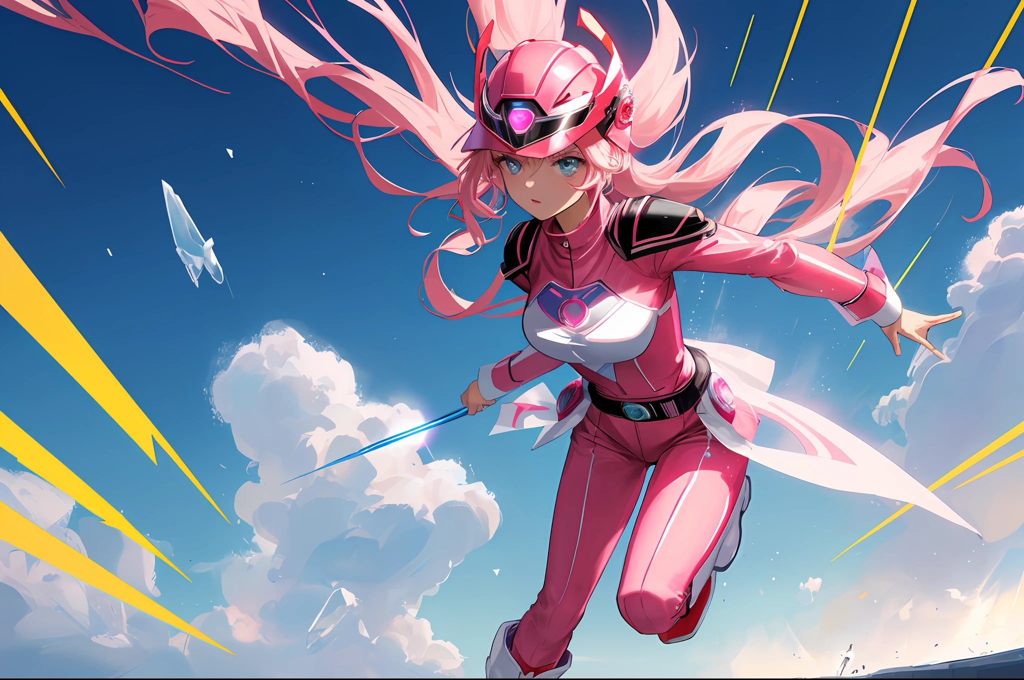 (Masterpiece, Top Quality: 1.2), Super Detail, Cinematic Lighting, (1 Girl: 1.3), She is a Sentai Heroine, Sentai Hero Goranger, Pink Full Body Suit, Super Sentai, Power Rangers, Pink Helmet with Big Heart-Shaped Visor, Very Big Heart Symbol on Chest, White Boots, Phantom Fighting, Solo, Beautiful Eyes of Detail, Unified 8k Wallpaper, Ultra Details, Beautiful, slim body, small breasts, masterpiece, best quality, original, ultra high definition, sunlight, full body portrait, full body, amazing beauty, dynamic pose, dynamic angle, beautiful eyes, splashing light, explosion, laser beam, highly detailed futuristic city, detailed complex background, clear focus,