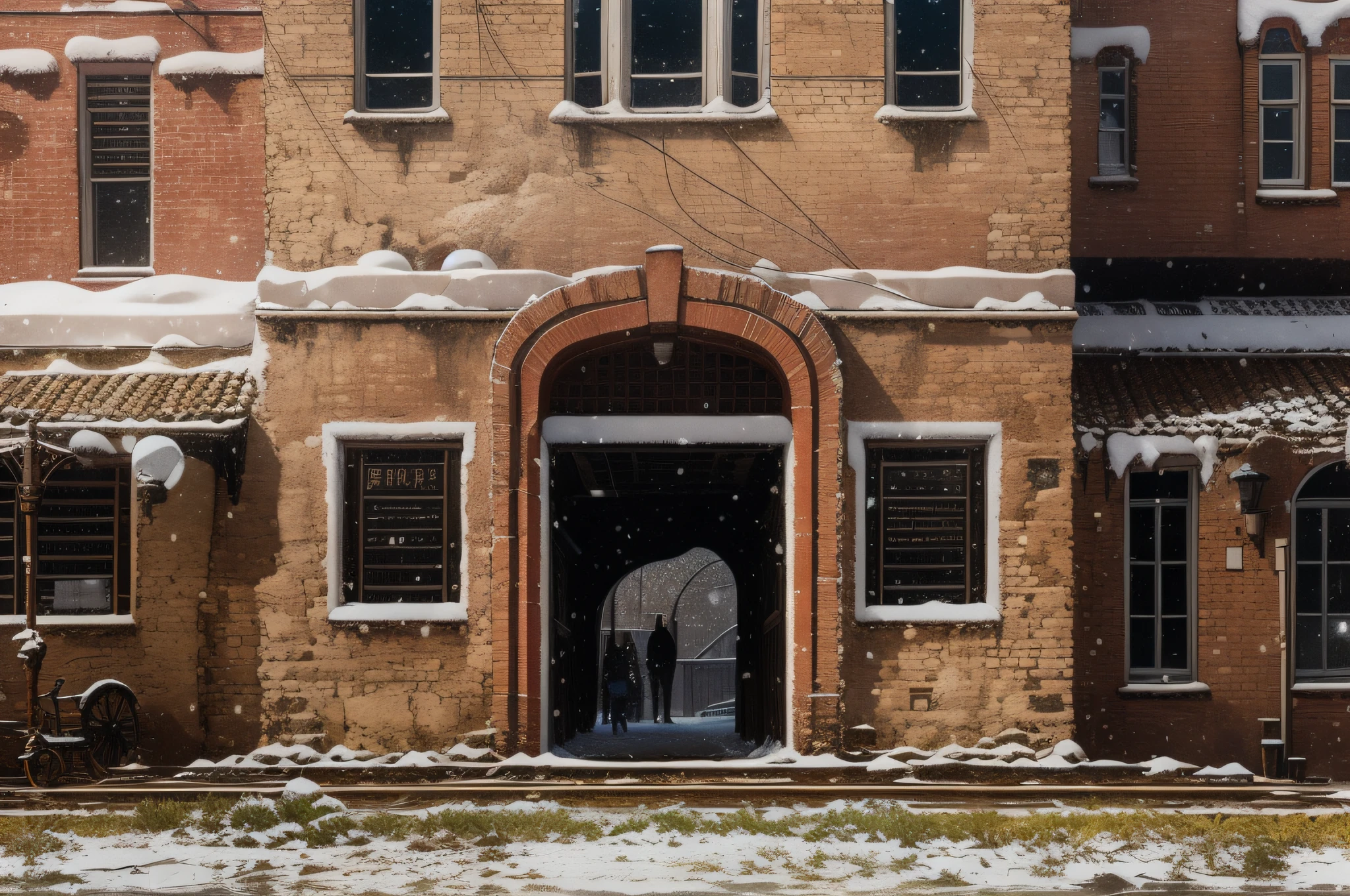 old, station, bricks in sight, city, good quality, winter photography, soft lighting, outdoor scenery, snow in the background