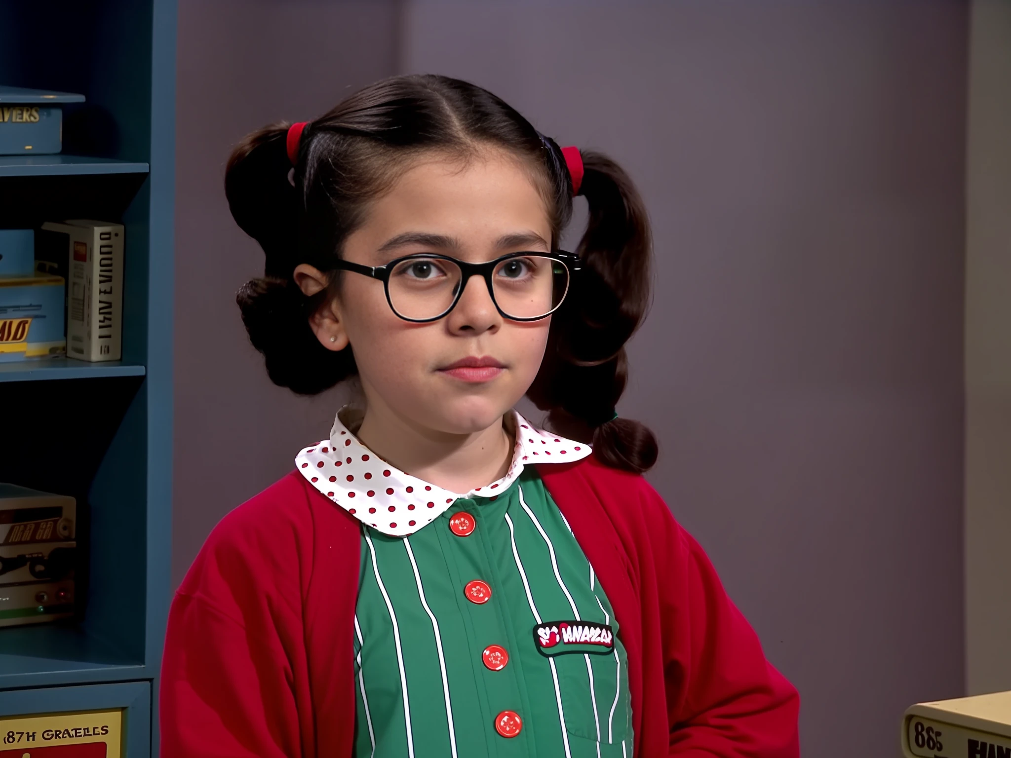 vhs screengrab, shot on a broadcast camera, a live-action 80’s sitcom featuring 8 year old girl, totally black pigtails, freckles, prescription black glasses, green and red dress, girl scene head diagonally, indoor house background. Reference: friends, Seinfeld, Full house.