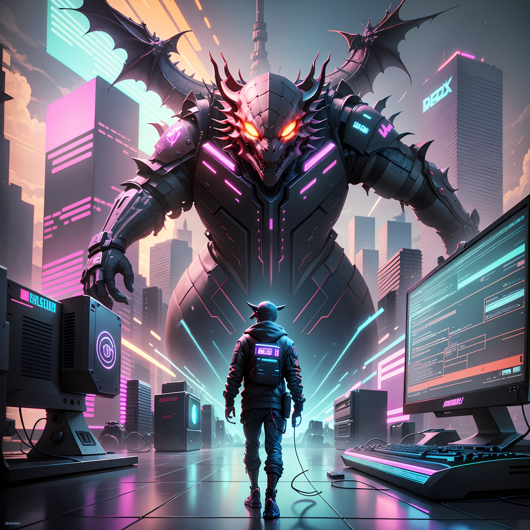 someone is playing a video game on a computer with a dragon on the screen, computer game art, cyberpunk art style, beeple artwork, dan mumford. 8 k octane render, beeple daily art, beeple art, epic retrowave art, synthwave art, 3 d render beeple, in style of beeple --auto --s2