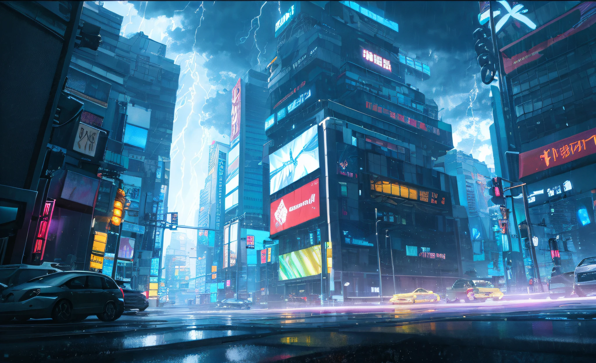 Landscape, highly detailed portrait of a street corner, in a lightning and cloudy storm, neon and cyberpunk background, a butterfly hovering near a street lamp, glowing, backlighting, masterpiece, best quality, intricate details, absurd, Color aberrations, depth of field, professional photography, soft lighting, tone mapping, highly detailed, sharp focus, dramatic lighting, intricate details, film, 8K, incredible shadows, realistic, (highly detailed backgrounds :1.0)