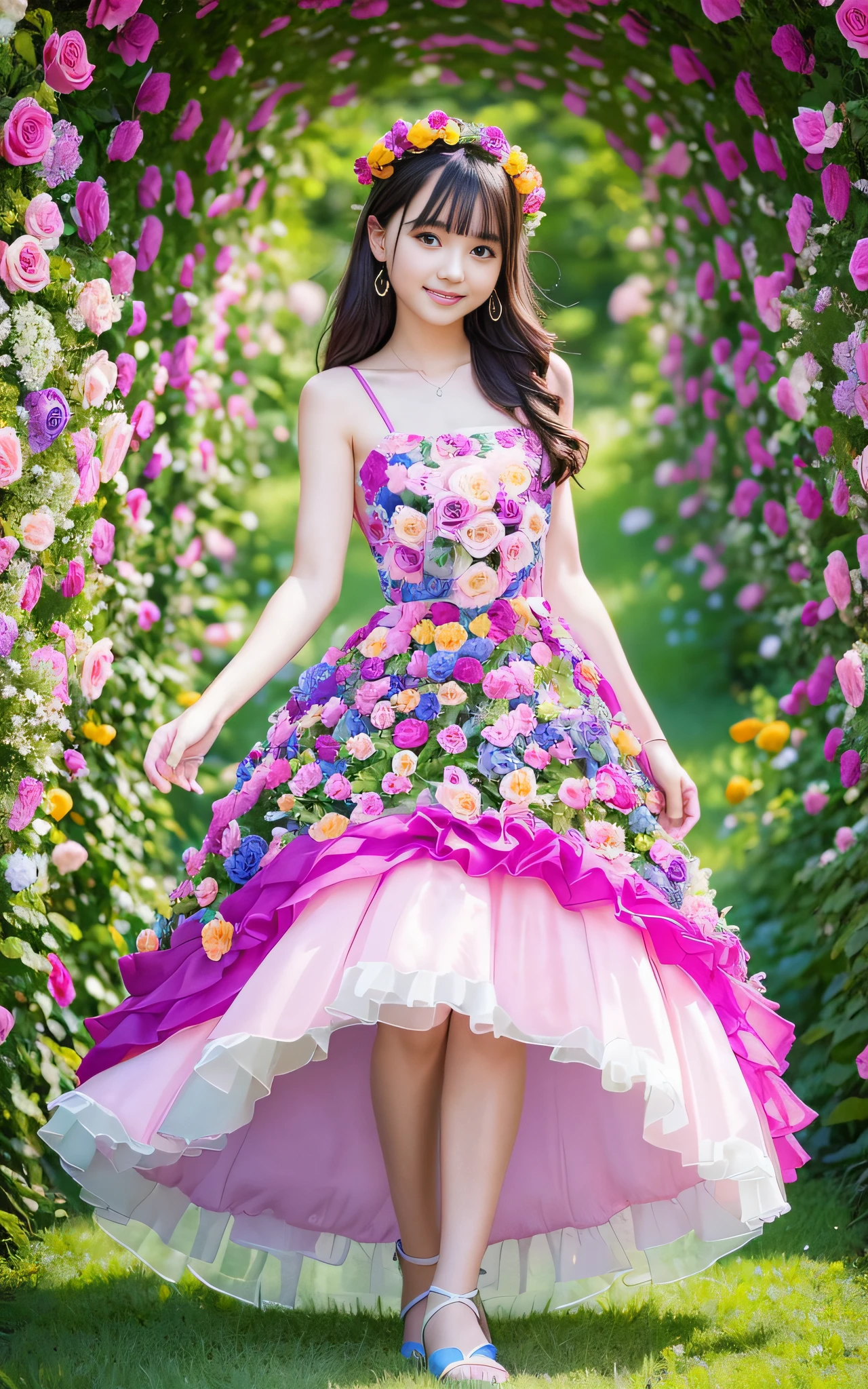 Full body photo,((((Slim body)))),20 years old, twilight rays, sheer summer dress, flower crown, ((in the tunnel of fantastic light roses)), rose front blur, bokeh, photorealistic, surrounded by colorful roses, ((smiling)))))), (1 girl), (sunset:1.3), (8k, RAW photos, best quality, masterpiece:1.2), (real, Photorealistic:1.37), Best Quality, Ultra High Definition, (Standing in the Flower Garden:1.3), (Vibrant and Colorful:1.3)