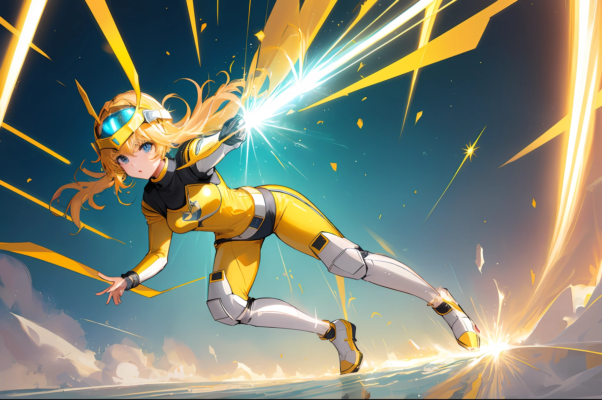 (Masterpiece, Top Quality: 1.2), Super Detailed, Cinematic Lighting, (1 Girl: 1.3), She is a Sentai Heroine, Sentai Hero Goranger, Yellow Full Body Suit, Super Sentai, Power Rangers, Yellow Helmet with Big Heart-Shaped Visor, Very Big Heart Mark on Chest, White Boots, Phantom Fighting, Solo, Beautiful Eyes of Detail, Unified 8k Wallpaper, Ultra Detailed, Beautiful, slim body, small, masterpiece, top quality, original, ultra high definition, sunlight, full body portrait, full body, amazing beauty, dynamic pose, dynamic angle, beautiful eyes, splashing light, explosion, laser beam, highly detailed futuristic city, detailed complex background, clear focus,