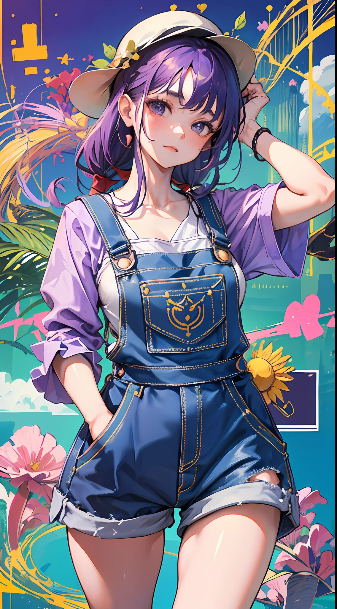 there is a woman in a dress and a hat posing for a picture, cute huge pockets, with a cute toad, cute girl wearing tank suit, cute huge pockets hardware, kawaii style, baggy purple overall shorts, rin, cute pockets, overalls, cute:2, ❤🔥🍄🌪, jpop clothing, 🪔 🎨;🌞🌄