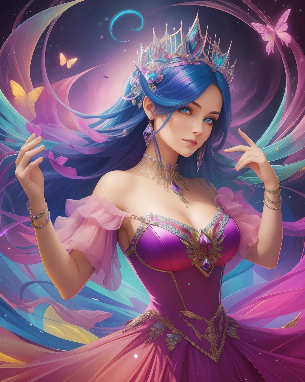 (masterpiece), best quality, an otherworldly, fantastical depiction of "Queen Mab", the queen of the fairies, floating in mid-air, surrounded by a vibrant, ethereal background. Her hair in a disarray of multitude colors, her dress shimmering with a metallic iridescence, her face with a mischievous, knowing expression. The landscape around her is awash in splashes of vivid, bright colors contrasted against deep shadows and supernatural glows.