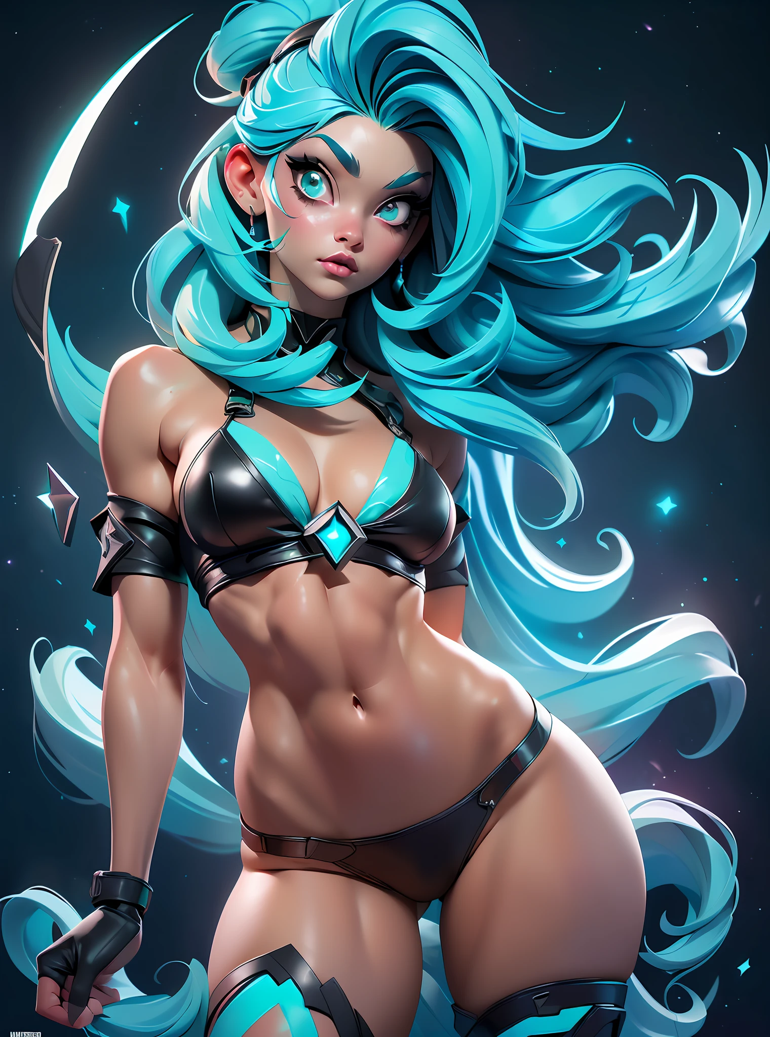 ((Best Quality)), ((Masterpiece)), ((Realistic)) and ultra-detailed photography of a girl with goth colors. She has ((turquoise hair)), wears a small black micro-thong, black micro-bikini , ((beautiful and aesthetic)), muscular fit body abs, sexy, under-boobs, hot, (clear star filled sky background)
(clear background:1.35), (particles ,firefly, blue glowing):1.3,