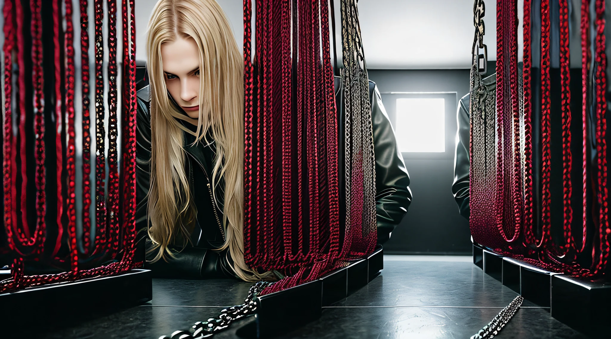 14-YEAR-OLD BOYS, PORTRAIT, CLOSEUP, WITH LONG BLONDE HAIR, WITH LEATHER JACKETS AND BLACK CLOTHING, ON A RED BACKGROUND WITH MANY CHAINS, FLOOR WITH CHAINS, CEILING WITH CHAINS.