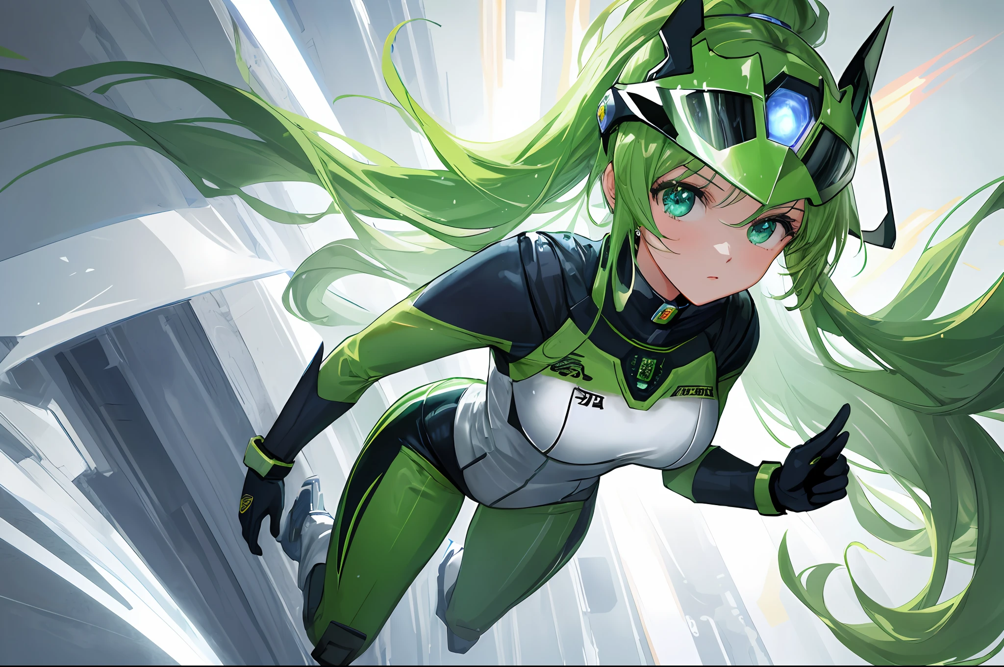 (Masterpiece, Top Quality: 1.2), Super Detailed, Cinematic Lighting, (1 Girl: 1.3), She is a Sentai Heroine, Sentai Hero Goranger, Green Full Body Suit, Super Sentai, Power Rangers, Green Helmet with a Big Heart-Shaped Visor, Very Large Heart Mark on the Chest, White Boots, Fight Phantom, Solo, Beautiful Eyes of Detail, Unified 8k Wallpaper, Ultra Detailed, Beautiful, slim body, small breasts, masterpiece, best quality, original, ultra high definition, sunlight, full body portrait, full body, amazing beauty, dynamic pose, dynamic angle, beautiful eyes, splashing light, laser beam, gushing, speed of light, highly detailed futuristic city, detailed complex background, clear focus,