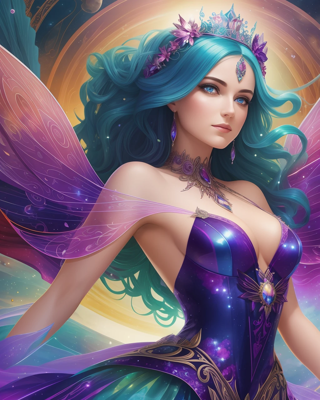 (masterpiece), best quality, an otherworldly, fantastical depiction of "Queen Mab", the queen of the fairies, floating in mid-air, surrounded by a vibrant, ethereal background. Her hair in a disarray of multitude colors, her dress shimmering with a metallic iridescence, her face with a mischievous, knowing expression. The landscape around her is awash in splashes of vivid, bright colors contrasted against deep shadows and supernatural glows.