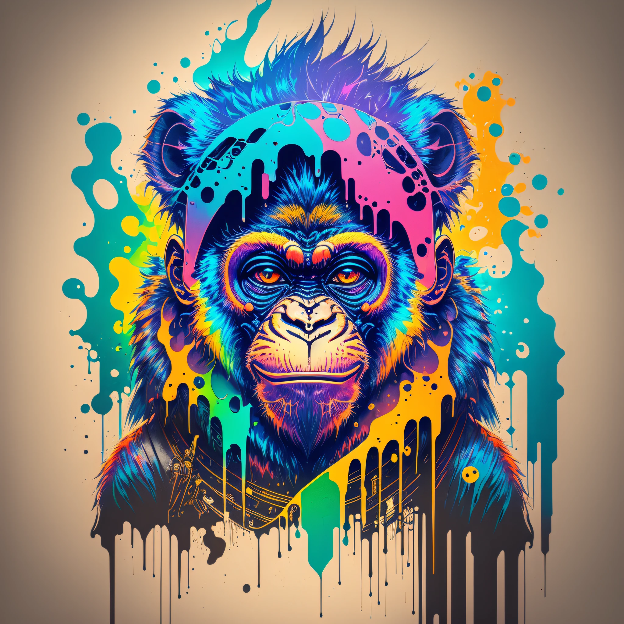 (a portrait of Cyberpunk Monkey with colored fluid), T-shirt logo in tapered thin outline style, spell view, artwork in (empty background:1.4) --auto --s2