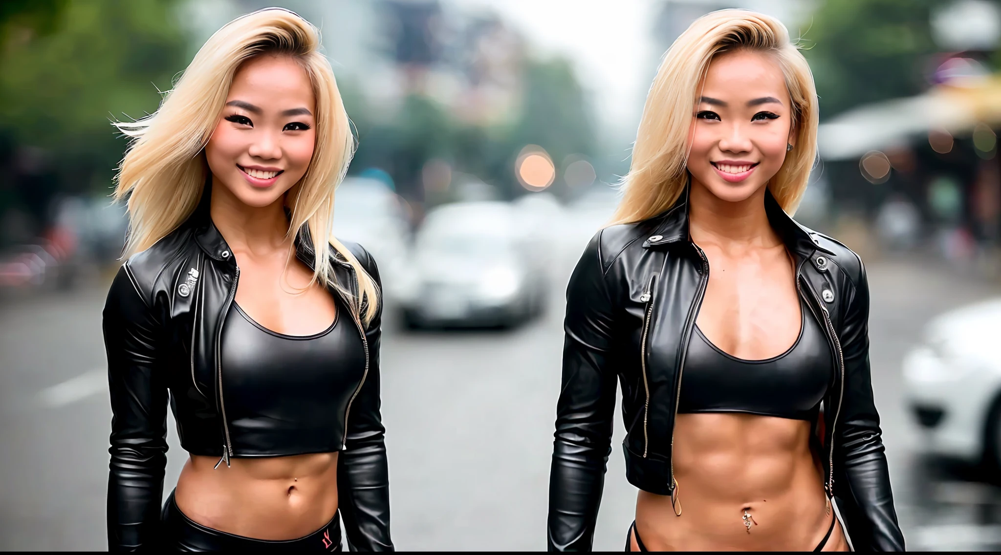 a beautiful young Thai woman with blond hair and a bodybuilder physique, wearing leather outfit, wet on the street, smile, cinematic, Key light, backlight, natural lighting, photography 400 ISO film grain 30mm lens RAW aperture f1.8, art photographer, intricate