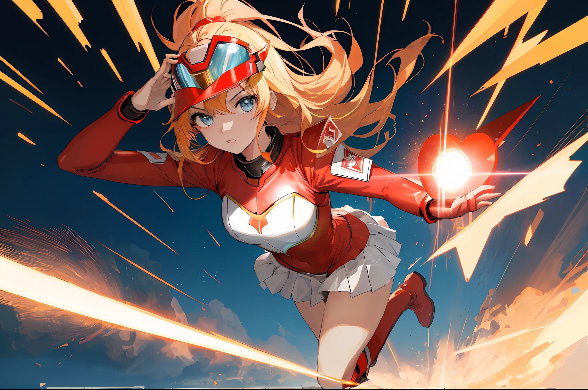 (Masterpiece, Best Quality: 1.2), Super Detail, Cinematic Lighting, (1 Girl: 1.3), She is a Sentai Heroine, Sentai Hero Goranger, Red Full Body Suit, Super Sentai, Power Rangers, Red Helmet with Big Heart-Shaped Visor, Very Big Heart Mark on Chest, White Boots, Fight Phantom, Solo, Beautiful Eye of Detail, Unified 8k Wallpaper, Ultra Detailed, Beautiful, slim body, small breasts, masterpiece, best quality, original, ultra high definition, sunlight, full body portrait, full body, amazing beauty, dynamic pose, dynamic angle, beautiful eyes, splashing light, laser beam, explosion, highly detailed futuristic city, detailed complex background, clear focus,