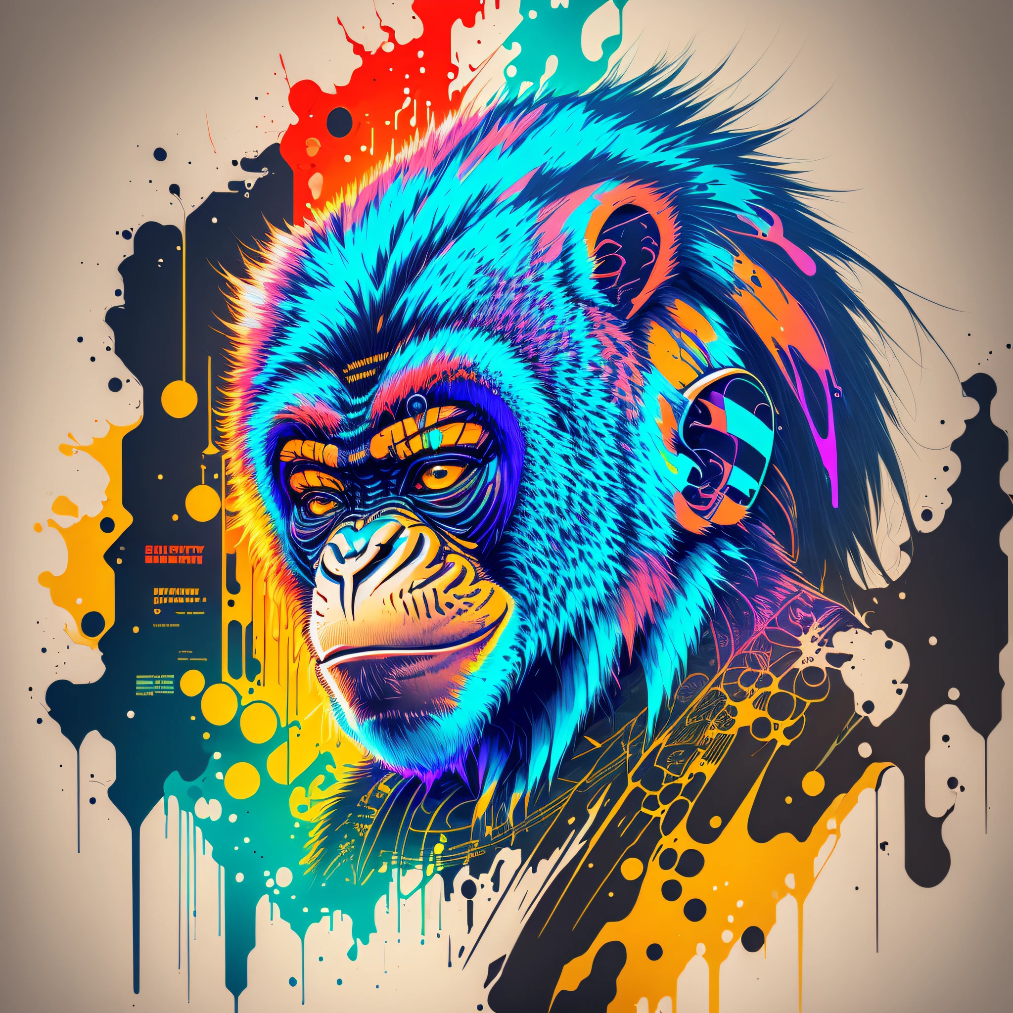 (a portrait of Cyberpunk Monkey with colored fluid), T-shirt logo in tapered thin outline style, spell view, artwork in (empty background:1.4) --auto --s2