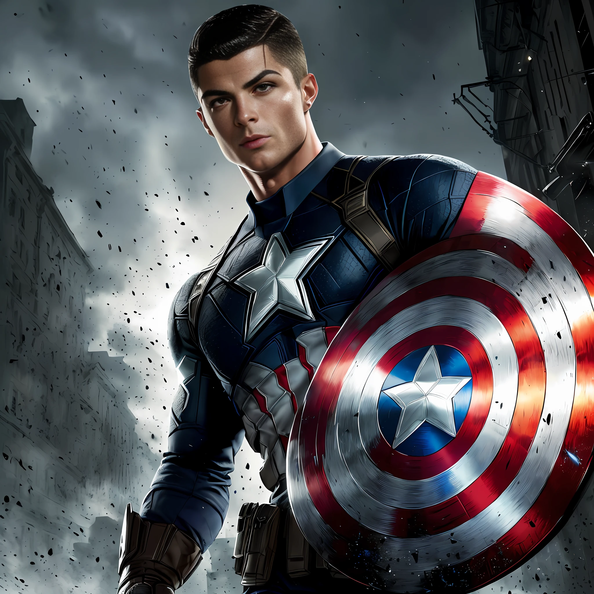 ((1CR7 alone)) as Captain America 8k, high definition, detailed face, detailed face, detailed eyes, detailed suit, Marvel and DC style, hyper-realistic, + cinematic plan + dynamic composition, incredibly detailed, sharpness, detail + superb detail + night with light + perfectionism + award-winning realism ((ambient lighting))