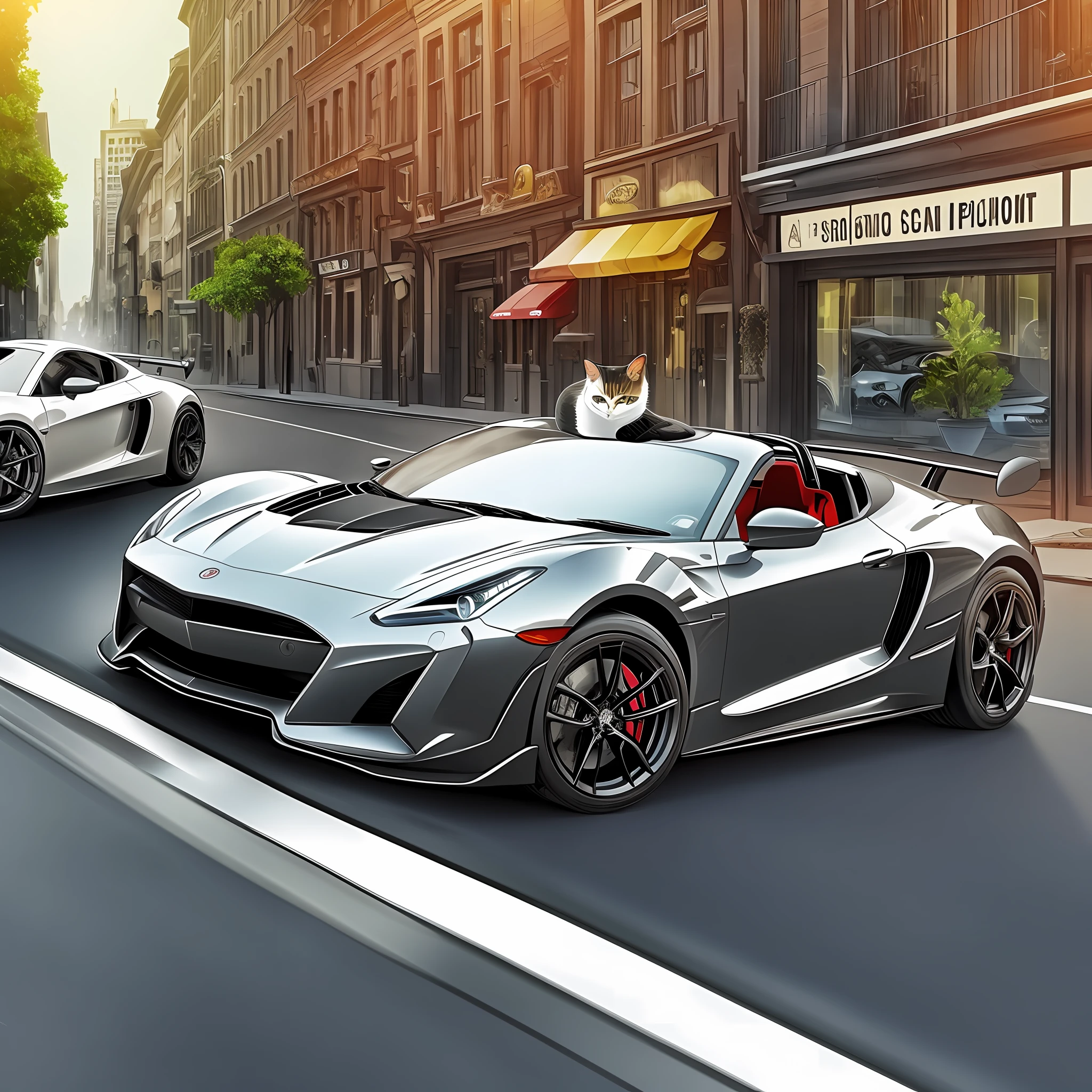 Draw sports car with background in a city and cat on the hood --auto --s2
