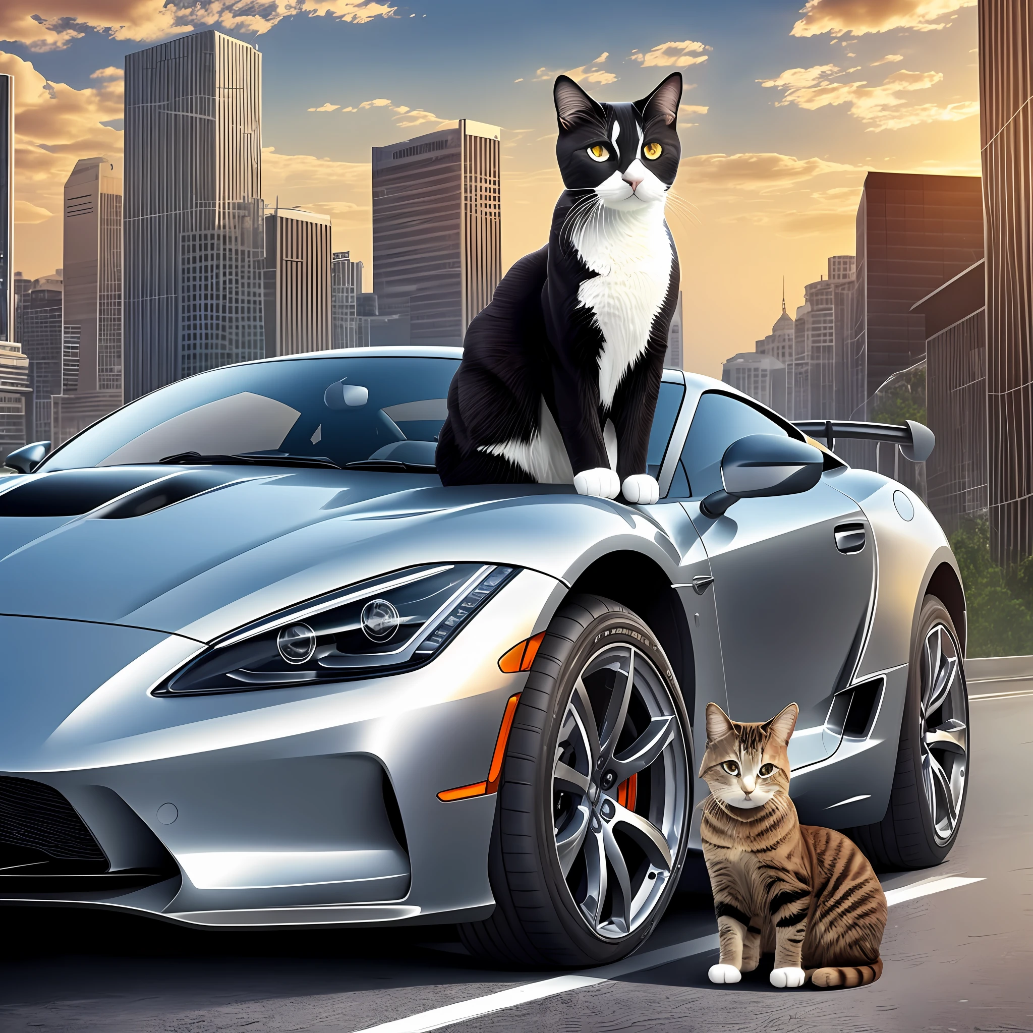 Draw sports car with background in a city and cat on the hood --auto --s2