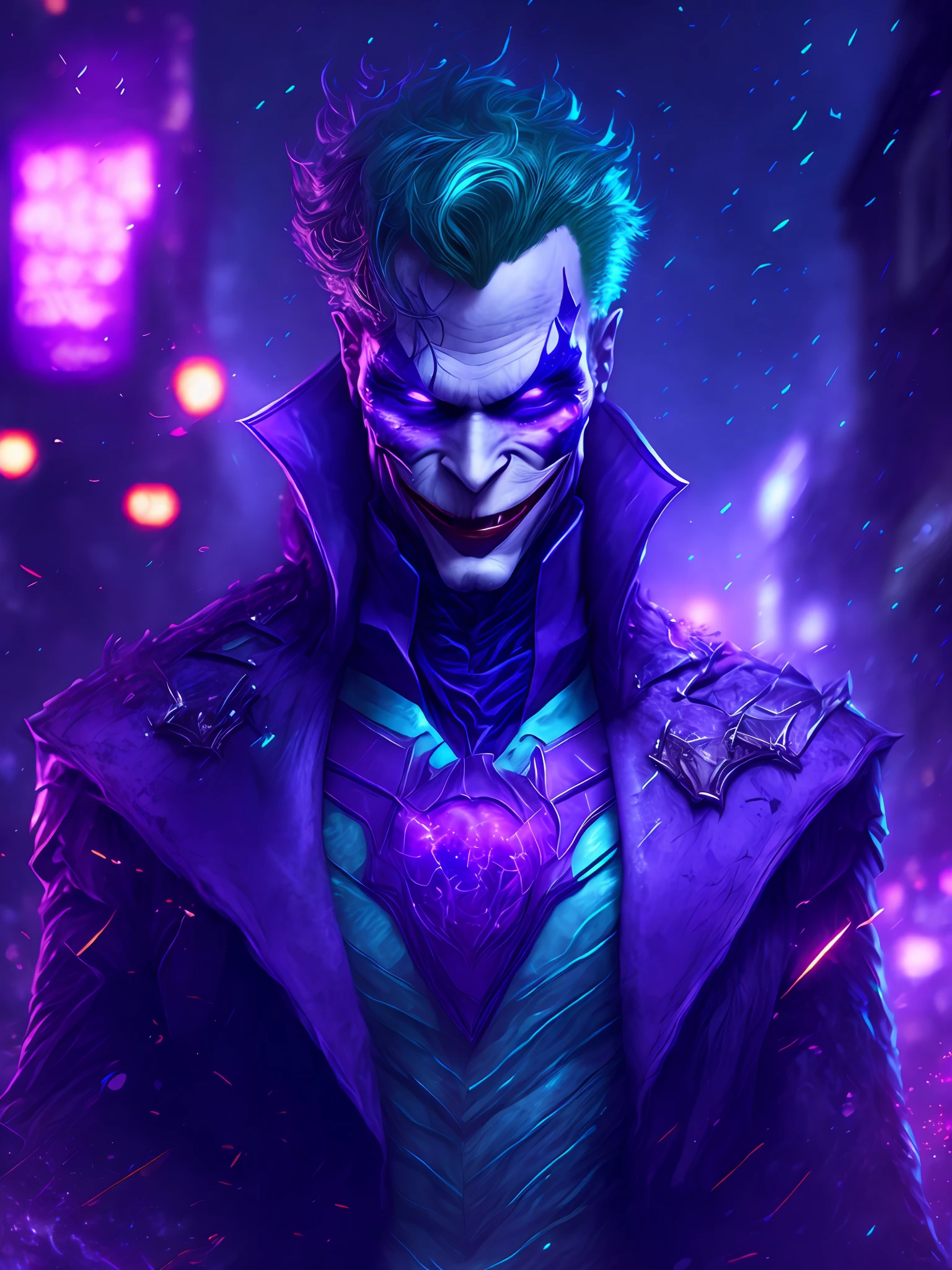 gloomy portrait of Joker Violet Lantern from DC, extremely detailed, futuristic cityscape, nighttime, glowing neon lights, smoke, sparks, metal shavings, flying debris, blue energy effects, volumetric light