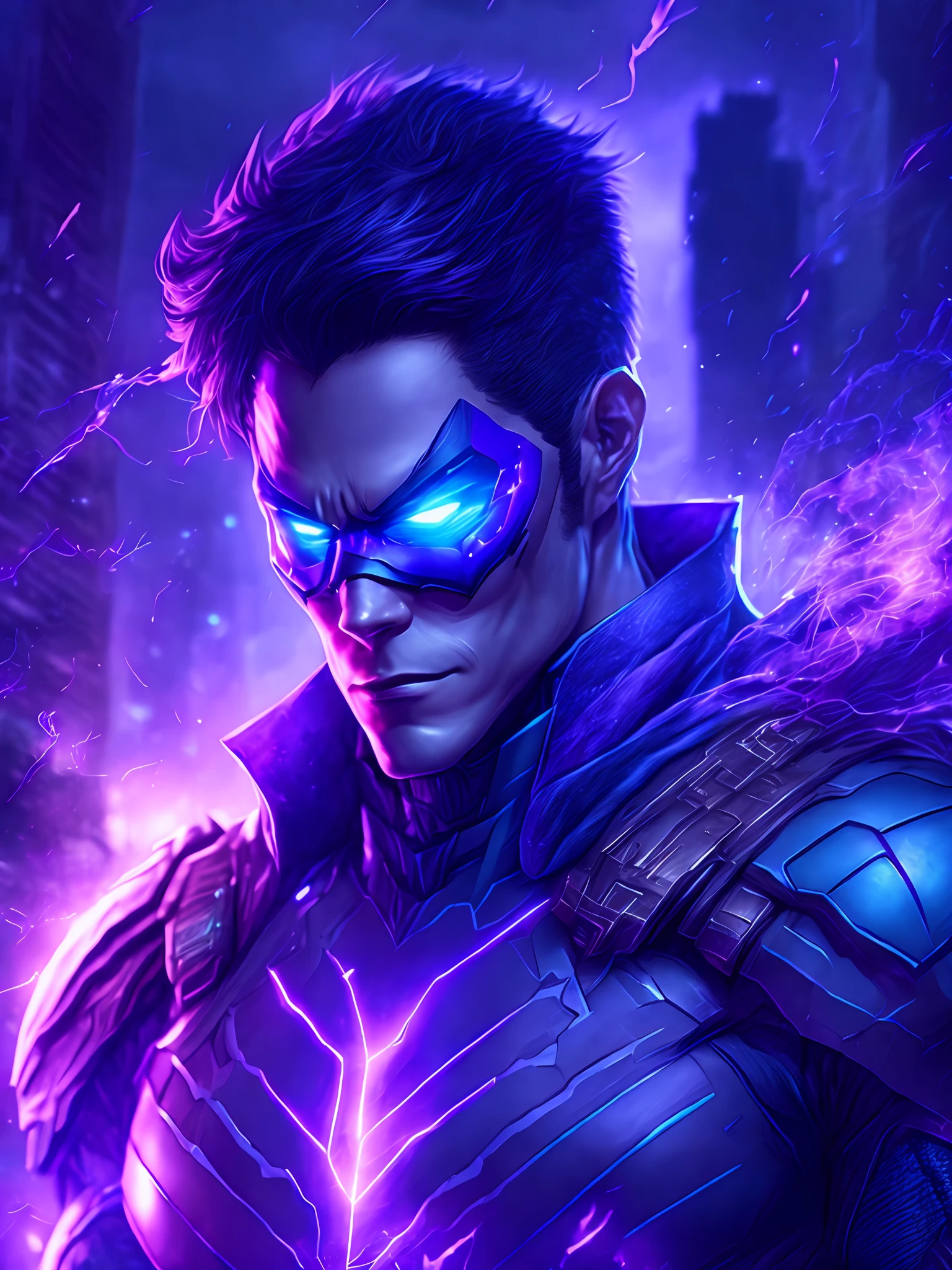 gloomy portrait of Nightwing Violet Lantern from DC, extremely detailed, futuristic cityscape, nighttime, glowing neon lights, smoke, sparks, metal shavings, flying debris, blue energy effects, volumetric light