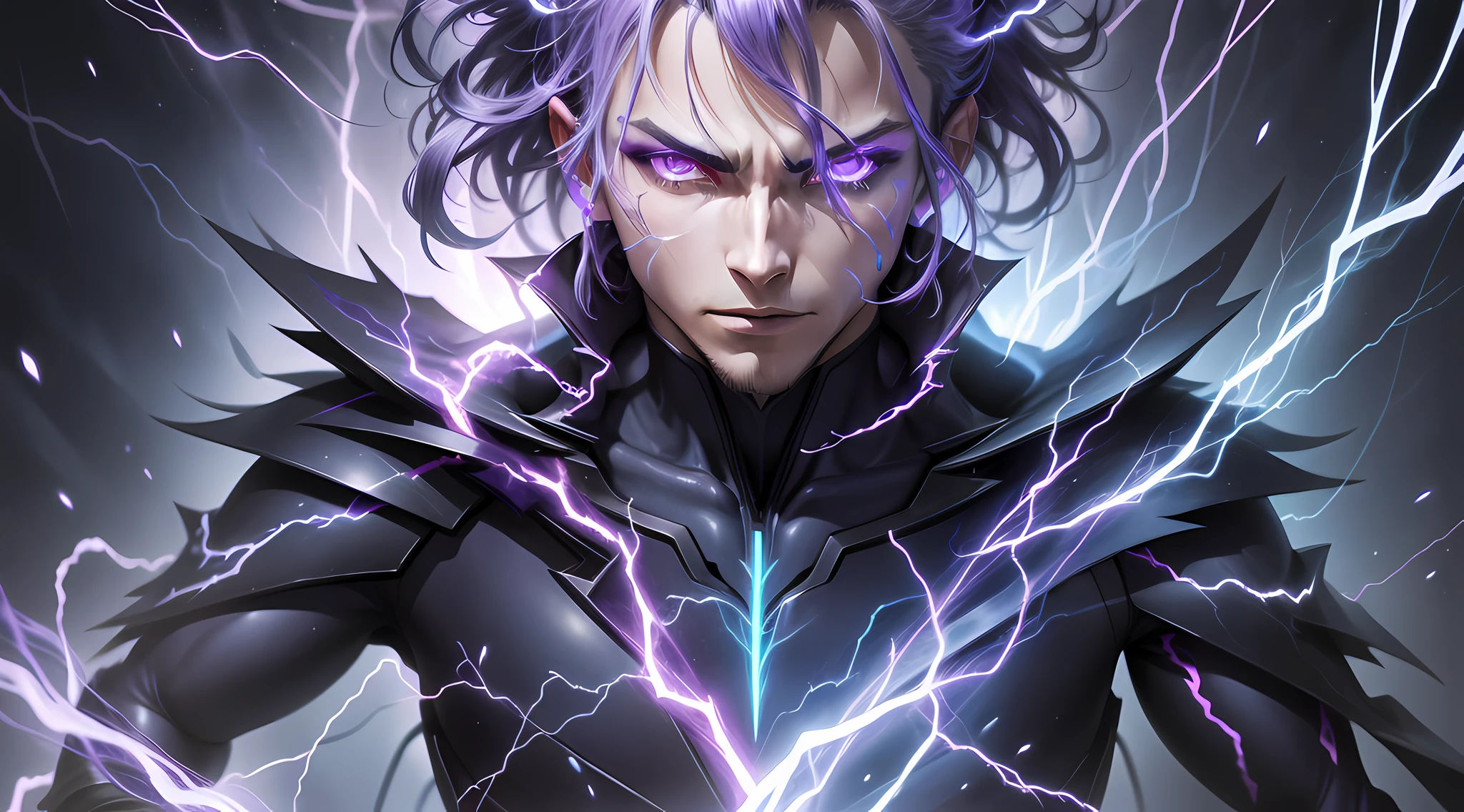 a close-up of a person with a purple and blue background full of lightning, glowing black aura, evil aura, 8k anime, an epic anime of a being with lightning powers, epic anime style, menacing aura, aura of darkness, evolving into his final form, glowing power aura, cosmic power glowing and flourishing, many lightning bolts surrounding the character
