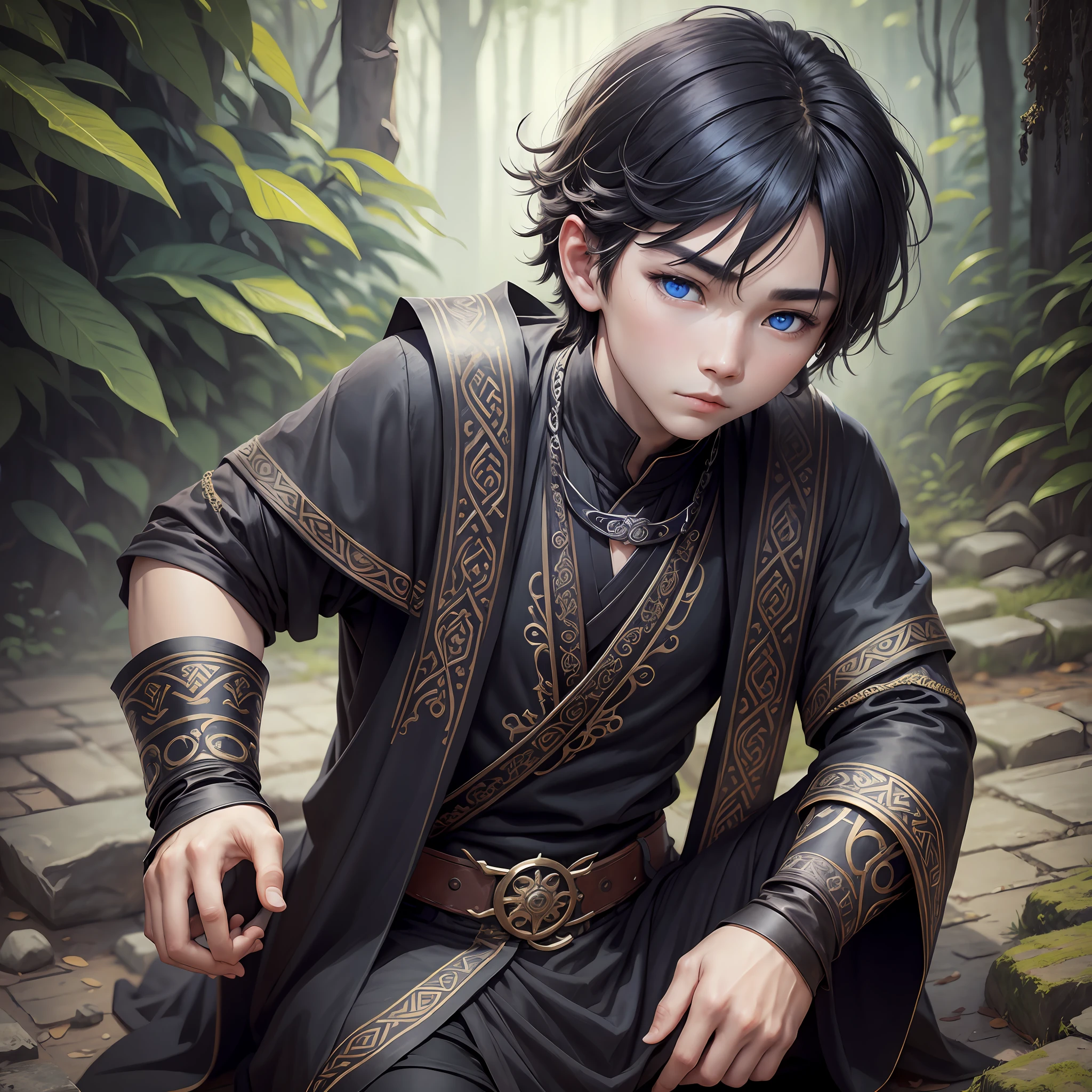 Ancient Celtic boy, black clothes, Asian, blue eyes, serene --auto --s2