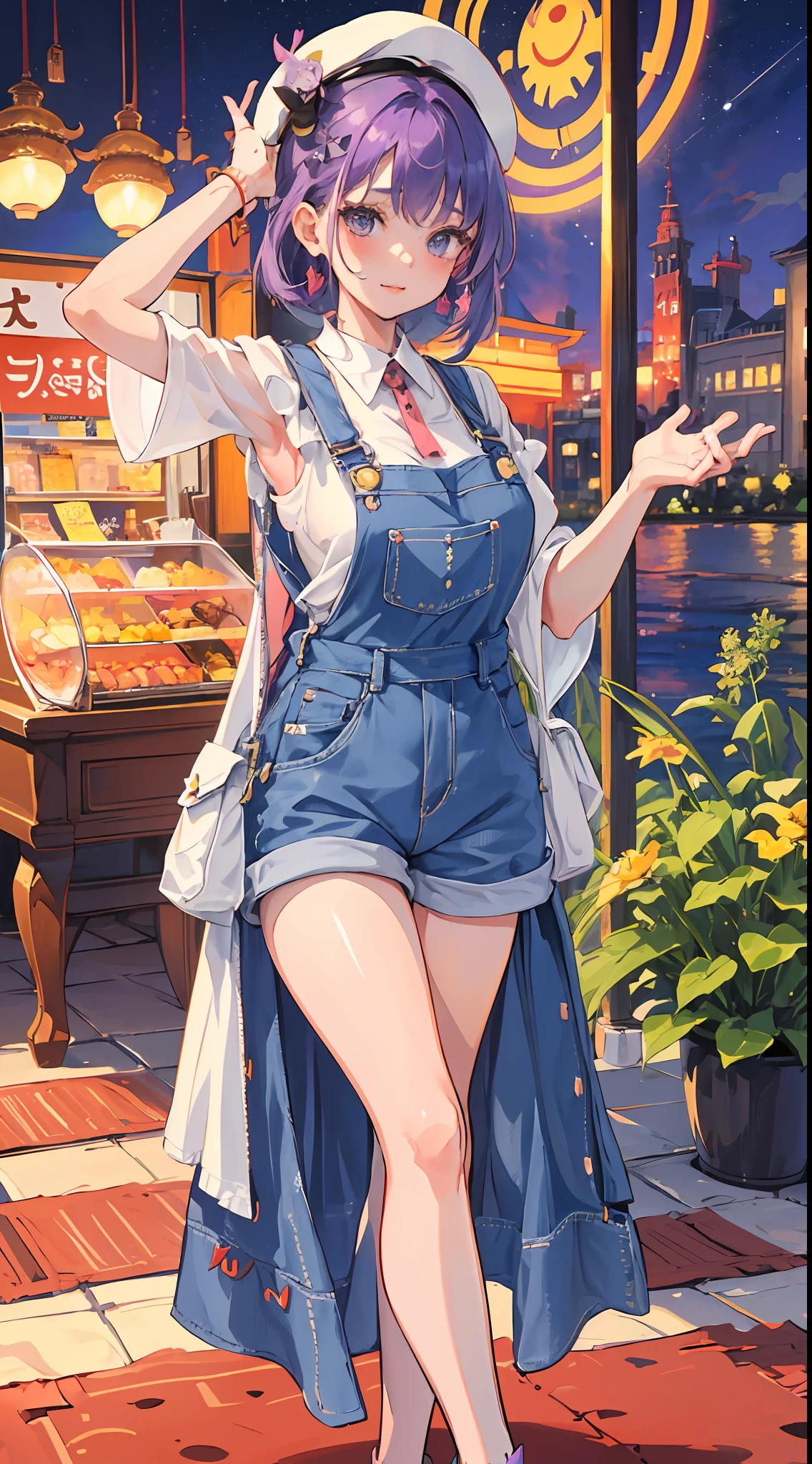 there is a woman in a dress and a hat posing for a picture, cute huge pockets, with a cute toad, cute girl wearing tank suit, cute huge pockets hardware, kawaii style, baggy purple overall shorts, rin, cute pockets, overalls, cute:2, ❤🔥🍄🌪, jpop clothing, 🪔 🎨;🌞🌄