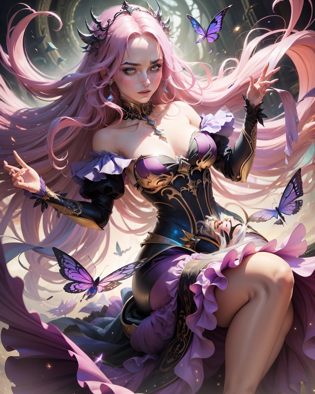 (masterpiece), best quality, an otherworldly, fantastical depiction of "Queen Mab", the queen of the fairies, floating in mid-air, surrounded by a vibrant, ethereal background. Her hair in a disarray of multitude colors, her dress shimmering with a metallic iridescence, her face with a mischievous, knowing expression. The landscape around her is awash in splashes of vivid, bright colors contrasted against deep shadows and supernatural glows.
