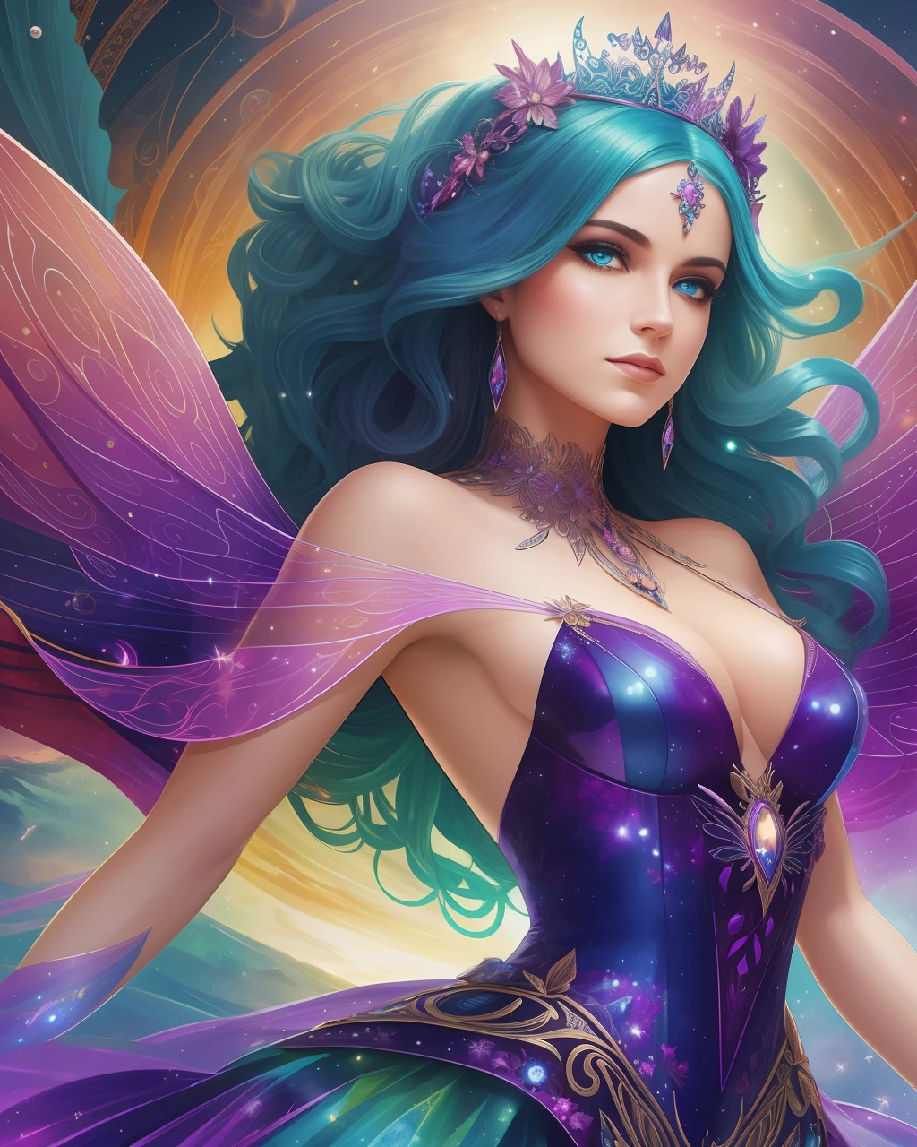 (masterpiece), best quality, an otherworldly, fantastical depiction of "Queen Mab", the queen of the fairies, floating in mid-air, surrounded by a vibrant, ethereal background. Her hair in a disarray of multitude colors, her dress shimmering with a metallic iridescence, her face with a mischievous, knowing expression. The landscape around her is awash in splashes of vivid, bright colors contrasted against deep shadows and supernatural glows.