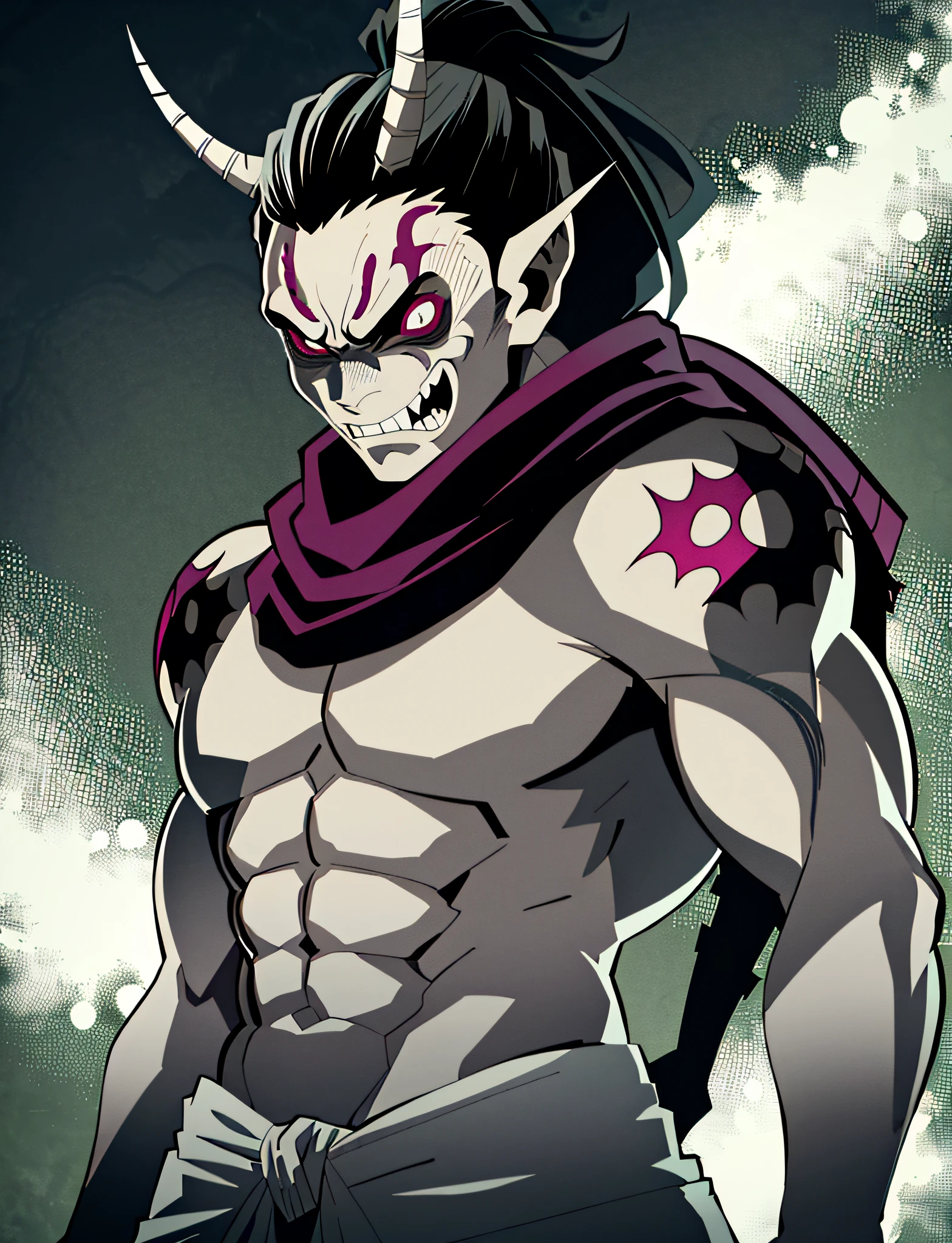 Kimetsu no Yaiba style large muscular demon, grey skin, shirtless, black tattered scarf, monstrous face, scary features, black man bun, black sideburns, demon eyes, veins popping out, anime coloring, surrounded by destruction ((masterpiece))