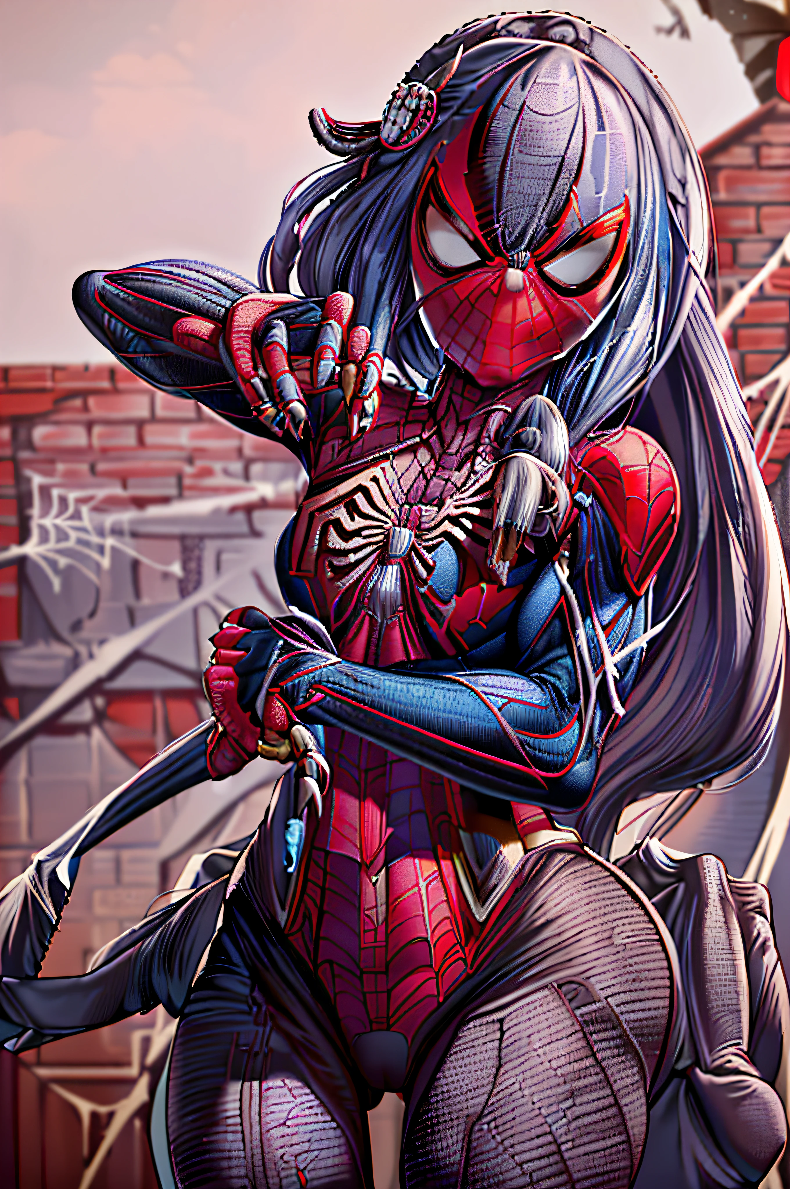 (masterpiece), (best quality), highres, kei1, 1girl, solo, blue eyes, long hair, ((((wears a detailed black female spiderman costume with mask and she has a battle pose with sharp claws made of ice on her fingernails and has normal person arms))), spider web-shaped ribbon, bangs, long hair and price,  collar bone, gray hair, black hair band, neck ribbon, hair between eyes, medium-sized breasts, cowboy shot, smile, (((detailed anatomically correct body with detailed hands without errors)), (((She has ice powers and she's shooting spider webs like spider-man but with sharp ice)))), (complete detallado escenario)