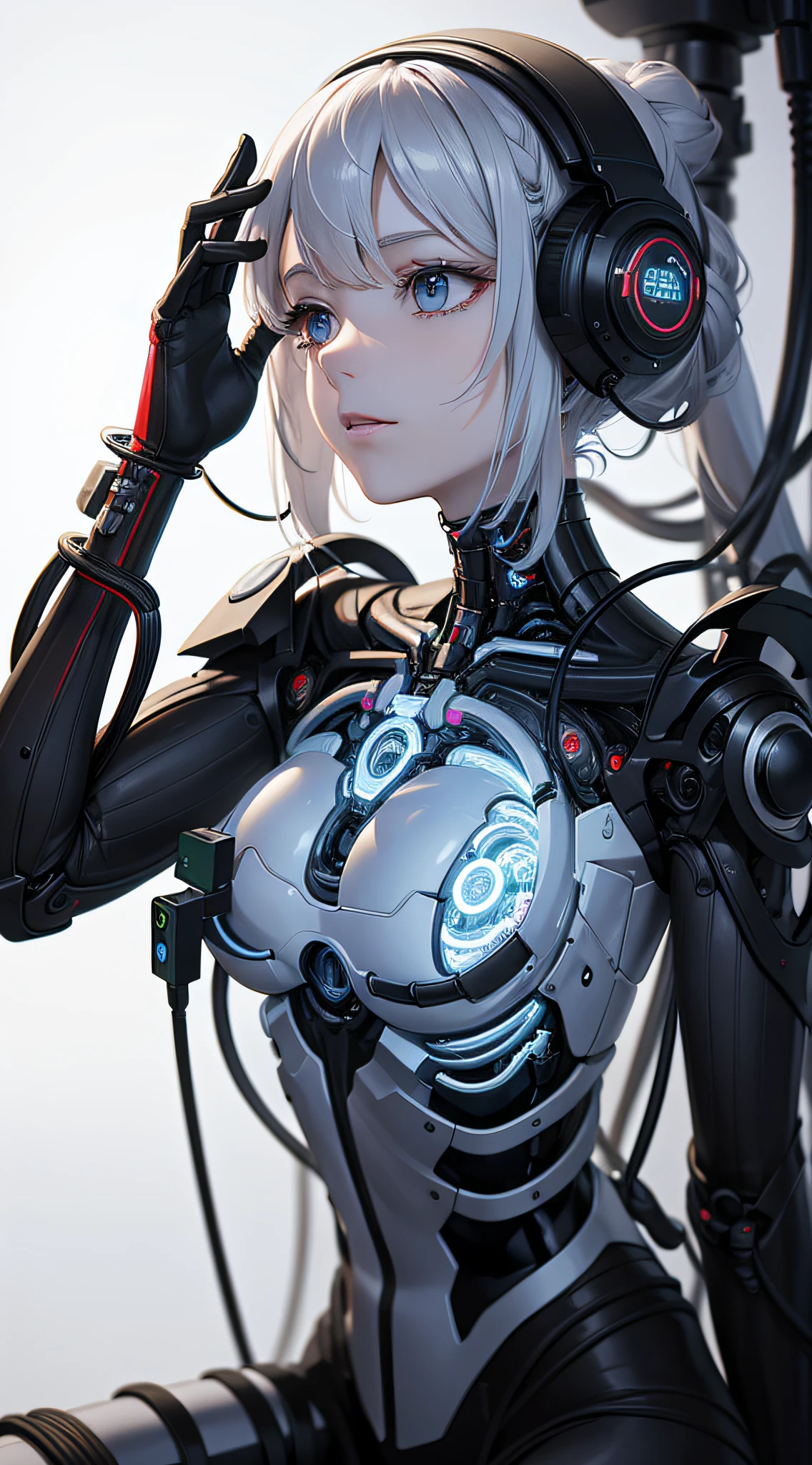 A scientist and an AI [ (masterpiece, superior quality, best quality, official art, beautiful and aesthetic: 1.2), (1girl: 1.3), looking at the viewer, extremely detailed, colorful, more detailed ((ultra-detailed)), (highly detailed CG illustration), ((an extremely delicate and beautiful)),(sideways),cinematic light,((1mechanical girl)),solo,whole body,(machine-made joints:1.2),((mechanical limbs)),(blood vessels connected to tubes),  (mechanical vertebra attached to the back),((mechanical cervial attached to the neck)),(sitting),expressionless,(wires and cables attached to the neck:1.2),(wires and cables in the head:1.2)(focus on the character),science fiction, (blood: 1,5),] collaborating in a futuristic laboratory, surrounded by advanced technology and holographic displays, working together to unravel the mysteries of the universe. The scientist wears a white lab coat and has a look of emotion and wonder on his face, while the AI is represented as a sophisticated, translucent entity with intricate circuit patterns glowing with vibrant colors.