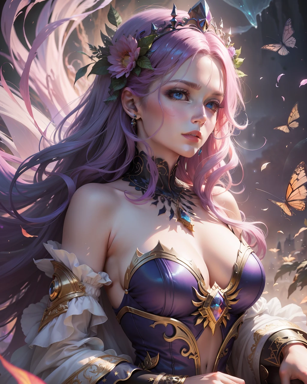 (masterpiece), best quality, an otherworldly, fantastical depiction of "Queen Mab", the queen of the fairies, floating in mid-air, surrounded by a vibrant, ethereal background. Her hair in a disarray of multitude colors, her dress shimmering with a metallic iridescence, her face with a mischievous, knowing expression. The landscape around her is awash in splashes of vivid, bright colors contrasted against deep shadows and supernatural glows.