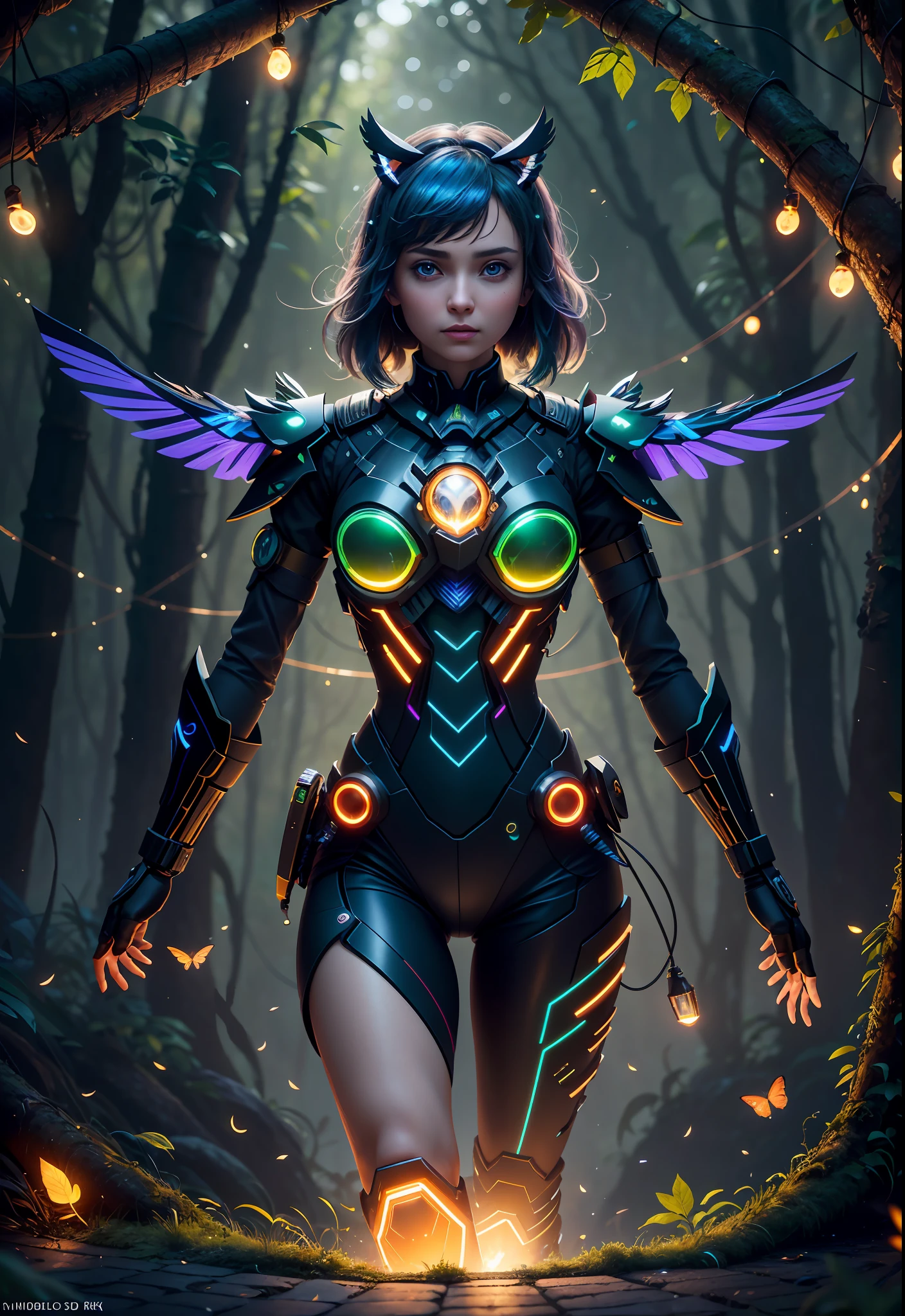 Masterpiece, best quality, extremely beautiful reflection, best reflection. (Very detailed CG unity 8k wallpaper), (best quality), (best illustration), (best shadow), a photo of a cybernetic owl, perched on barbed wire in a dark alley. His eyes are neon blue, reflecting the lights of the surrounding city. The feathers are fragmented and iridescent, and there is a wonderful code running through them. The shots used create a deformation effect, giving the impression that an owl is observing the viewer from all angles, with a forest theme with natural elements. Tall trees, quiet stream, glowing small mushrooms surrounded by delicate leaves and branches, and fireflies and glowing particle effects, (natural elements), (jungle theme), (leaves), (branches), (fireflies), butterflies, (delicate leaves), (glow), (particle effects), isometric 3D, Octane rendering, ray tracing, super detailed