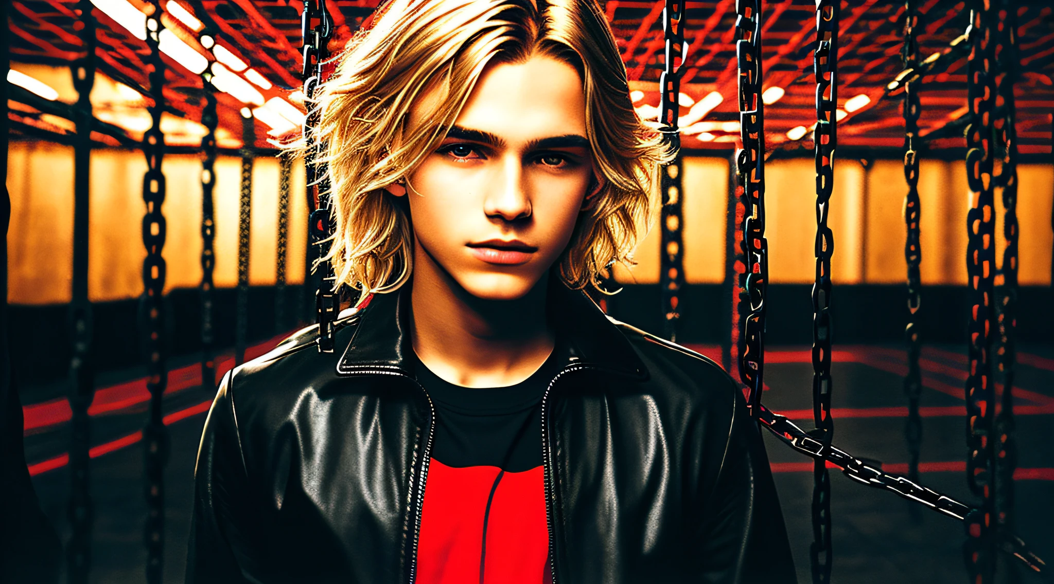  BOYS, PORTRAIT, CLOSEUP, WITH LONG BLONDE HAIR, WITH LEATHER JACKETS AND BLACK CLOTHING, ON A RED BACKGROUND WITH MANY CHAINS, FLOOR WITH CHAINS, CEILING WITH CHAINS.