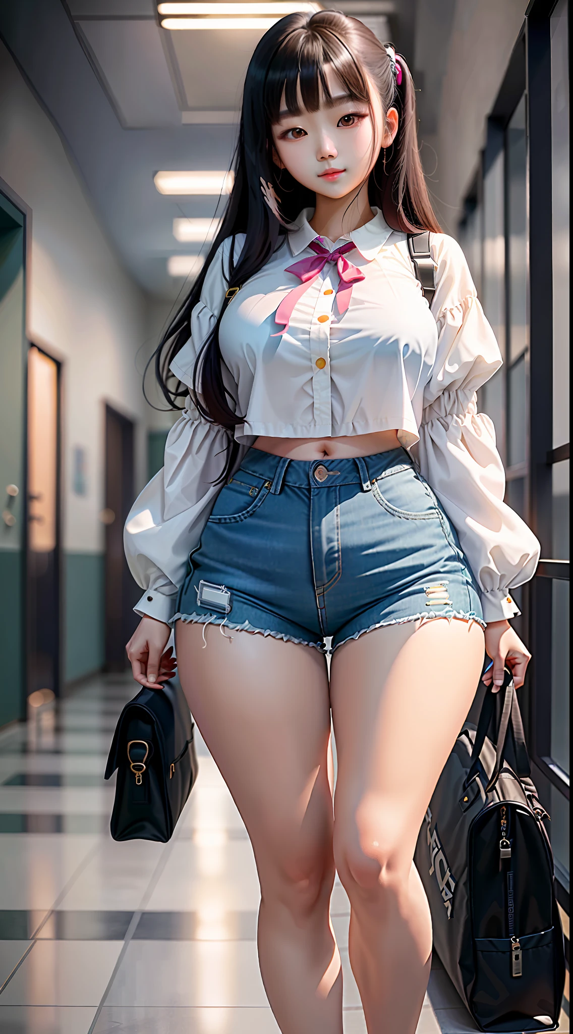 masterpiece, maximum quality, ultra high resolution, 8k, korean girl (Choi Nam-ra), full body, thin, detailed face, identical face, detailed eyes, shy smile, wearing shorts and mini blouse, wide hips, thick thighs, in school hallway