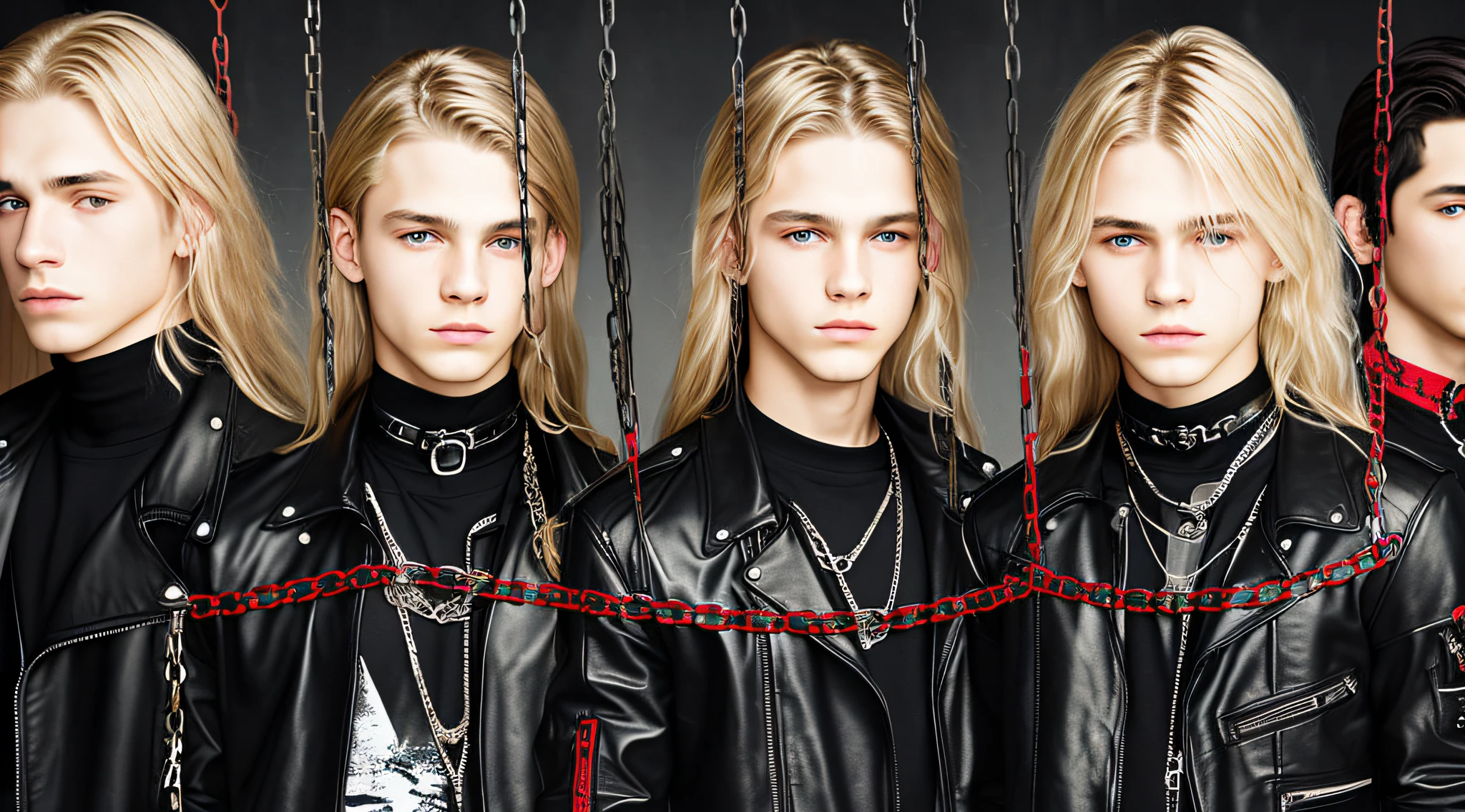 14-YEAR-OLD BOYS, PORTRAIT, CLOSEUP, WITH LONG BLONDE HAIR, WITH LEATHER JACKETS AND BLACK CLOTHING, ON A RED BACKGROUND WITH MANY CHAINS, FLOOR WITH CHAINS, CEILING WITH CHAINS.
