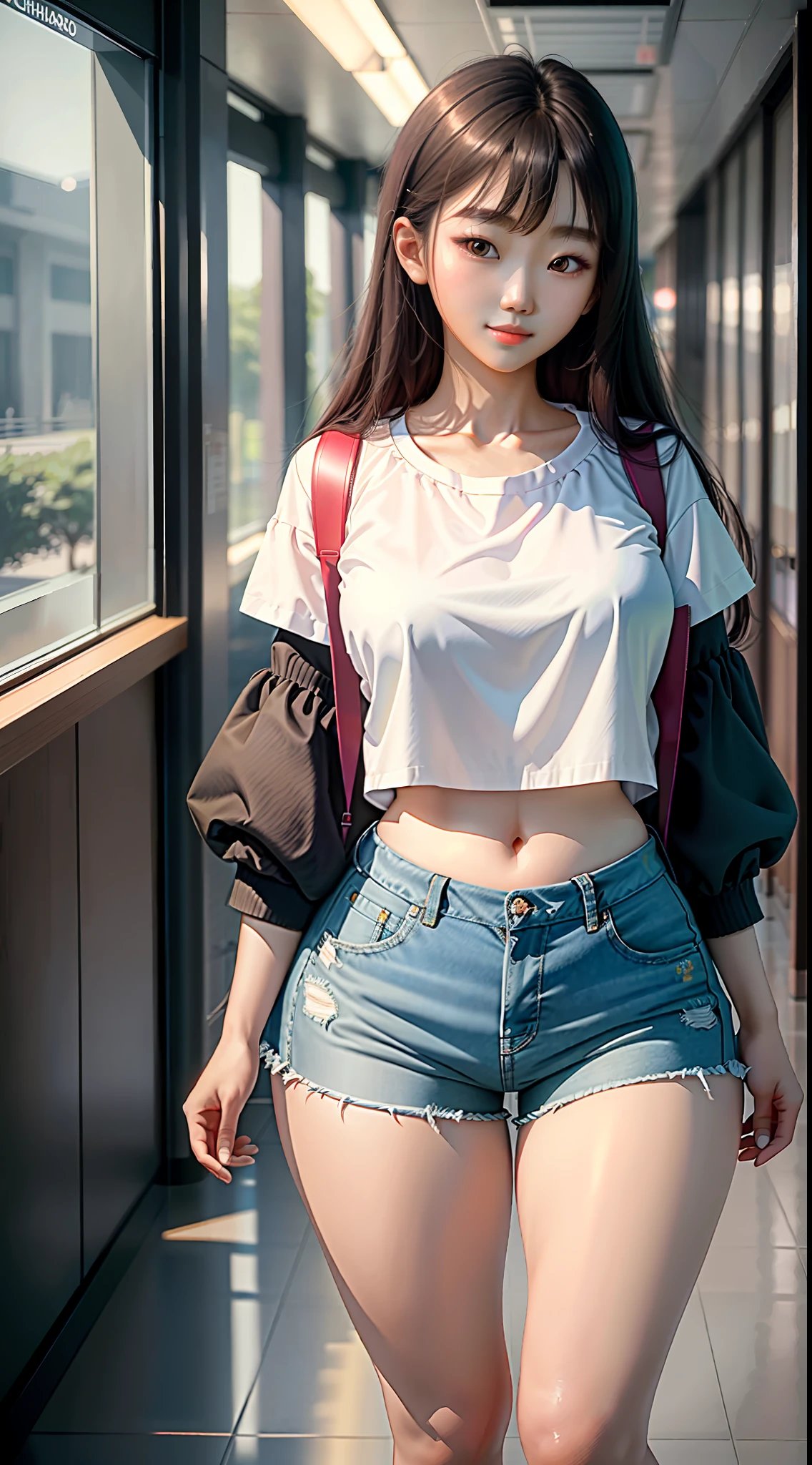 masterpiece, maximum quality, ultra high resolution, 8k, korean girl (Choi Nam-ra), full body, thin, detailed face, identical face, detailed eyes, shy smile, wearing shorts and mini blouse, wide hips, thick thighs, in school hallway