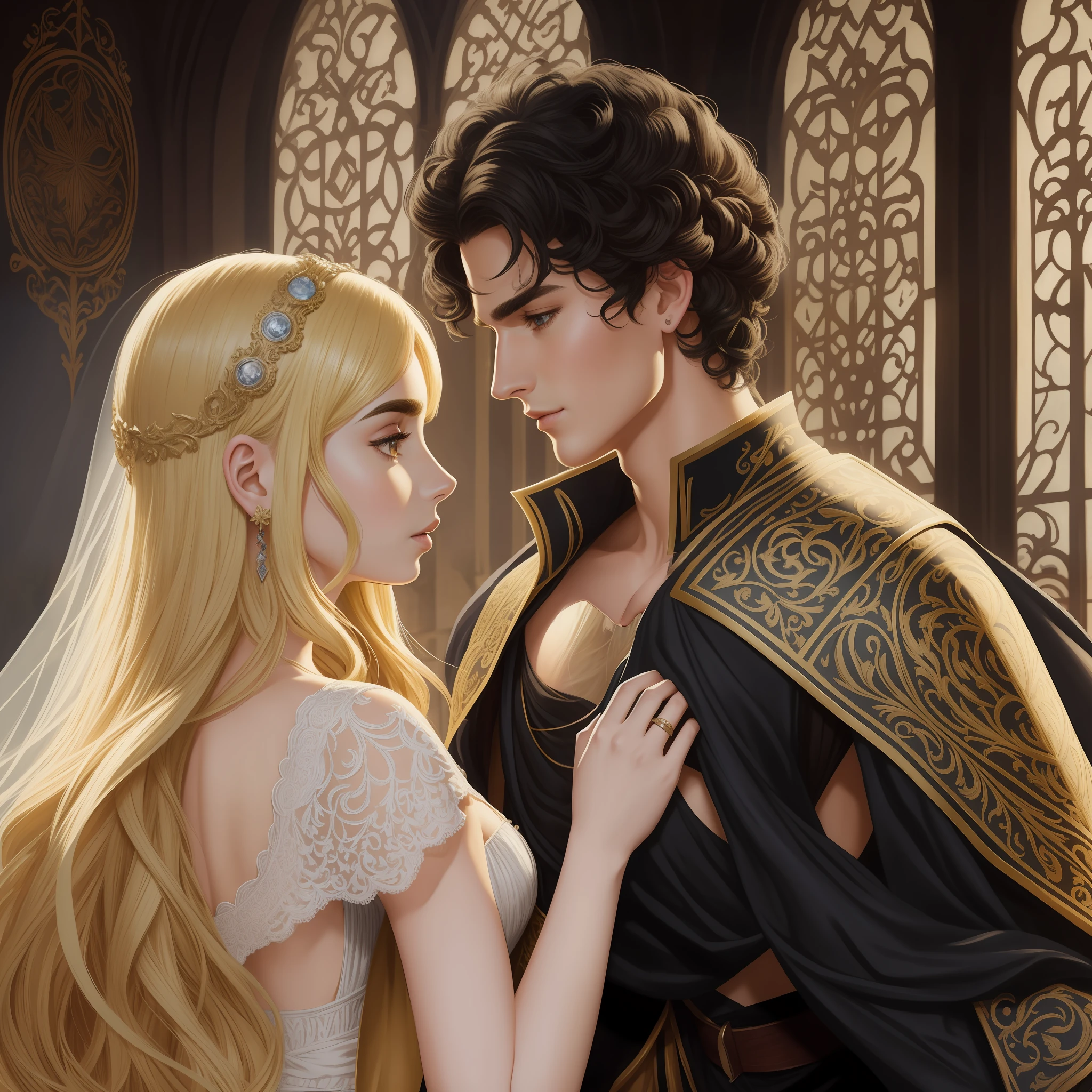 Lily Collins, who has curly black hair, wears a medieval dress. the Neels Visser wears a medieval military outfit and has blonde hair. The couple is waltzing in the ballroom. The illustration is like a book cover with a detailed, bright, illuminated, ultra detailed background, concept art, elegant, art by Justin Gerard