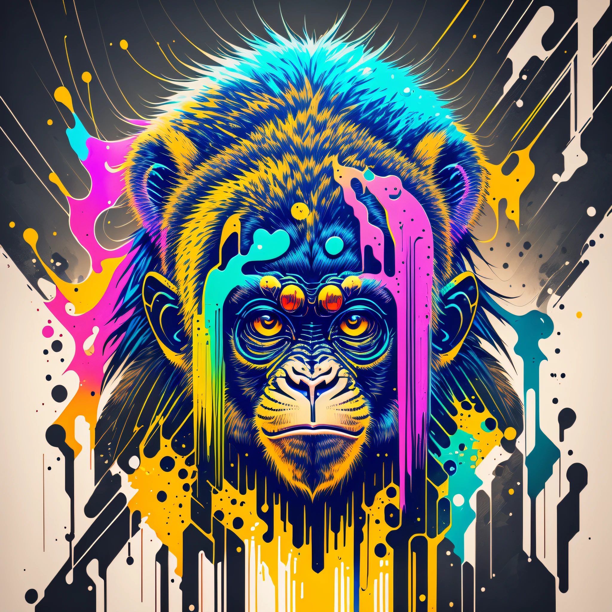 (a portrait of Cyberpunk Monkey with colored fluid), T-shirt logo in tapered thin outline style, spell view, artwork in (empty background:1.4) --auto --s2