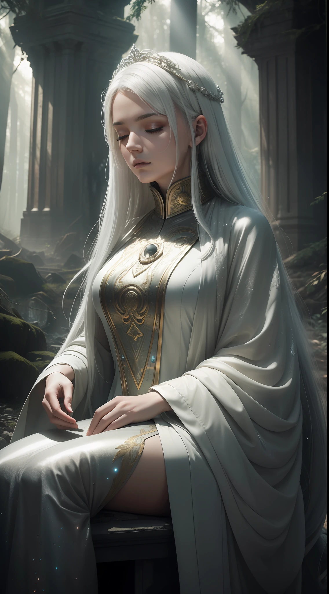 ((masterpiece 1.2)), high details, meditating, futuristic costume, woman with closed eyes, white hair, set in abandoned temple in the forest, 24mm lens, (4K), cinema, dramatic lighting, deep shadows, (intense HDR), canon, sparkle, textured