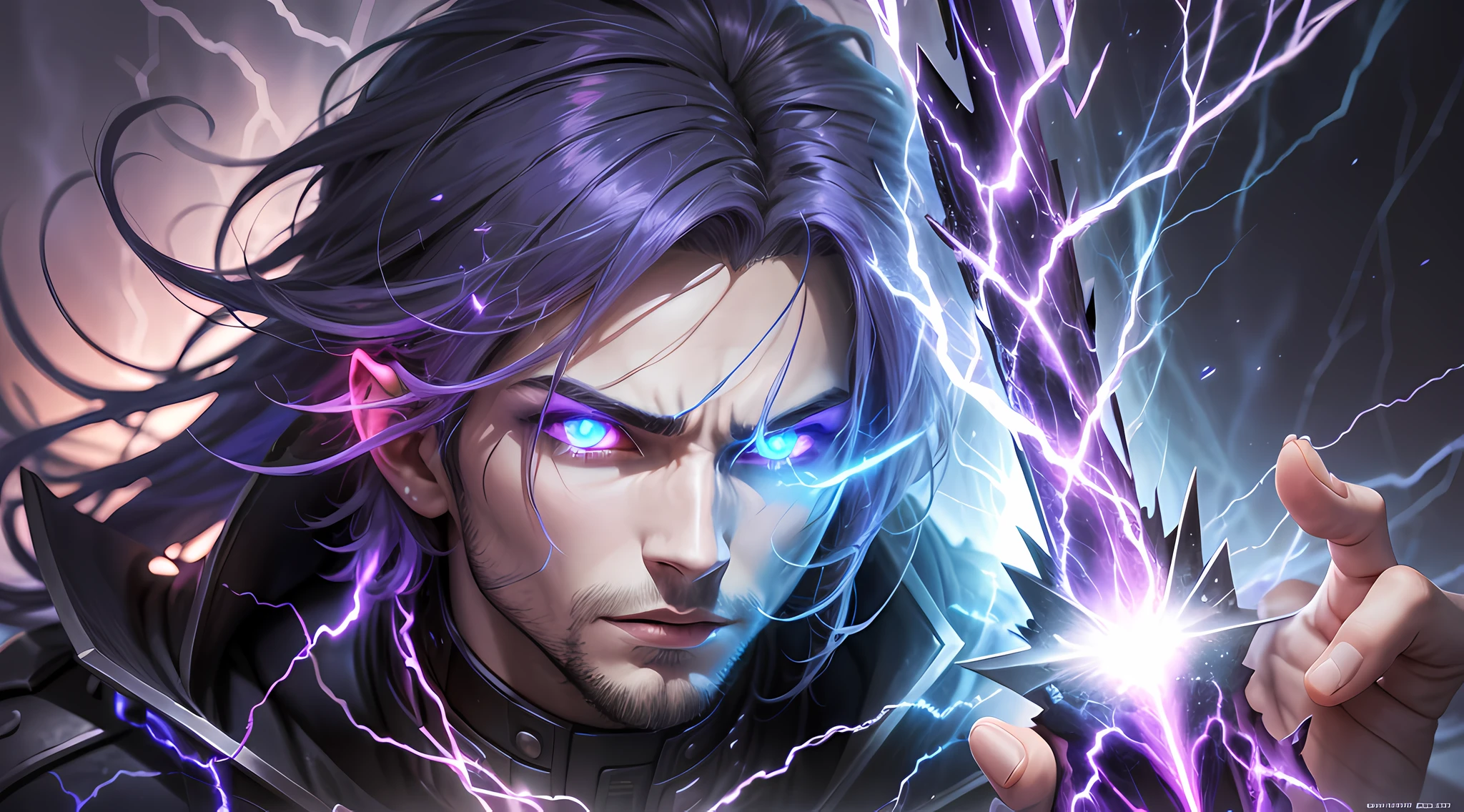 a close-up of a person with a purple and blue background full of lightning, glowing black aura, evil aura, 8k anime, an epic anime of a being with lightning powers, epic anime style, menacing aura, aura of darkness, evolving into his final form, glowing power aura, cosmic power glowing and flourishing, many lightning bolts surrounding the character --auto --s2