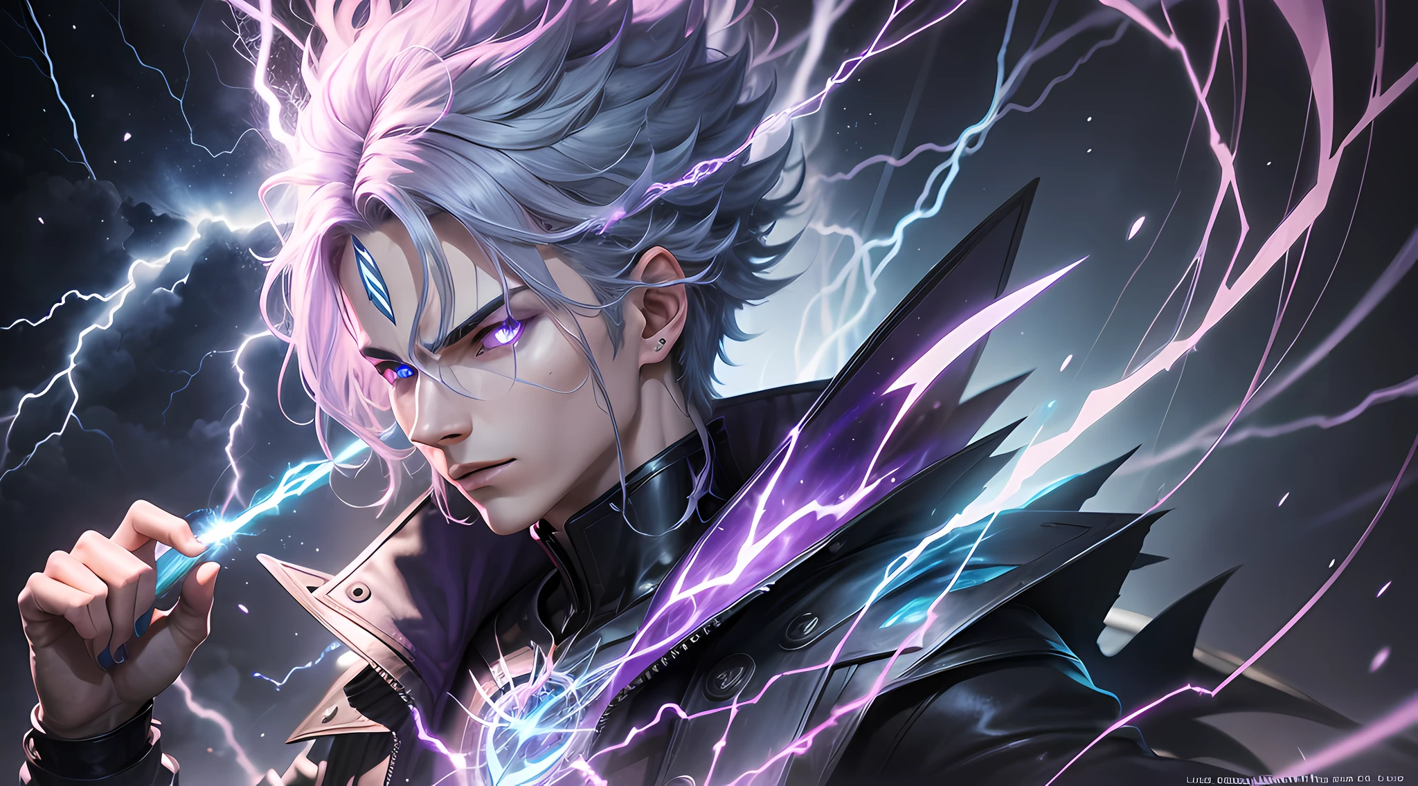 a close-up of a person with a purple and blue background full of lightning, glowing black aura, evil aura, 8k anime, an epic anime of a being with lightning powers, epic anime style, menacing aura, aura of darkness, evolving into his final form, glowing power aura, cosmic power glowing and flourishing, many lightning bolts surrounding the character --auto --s2