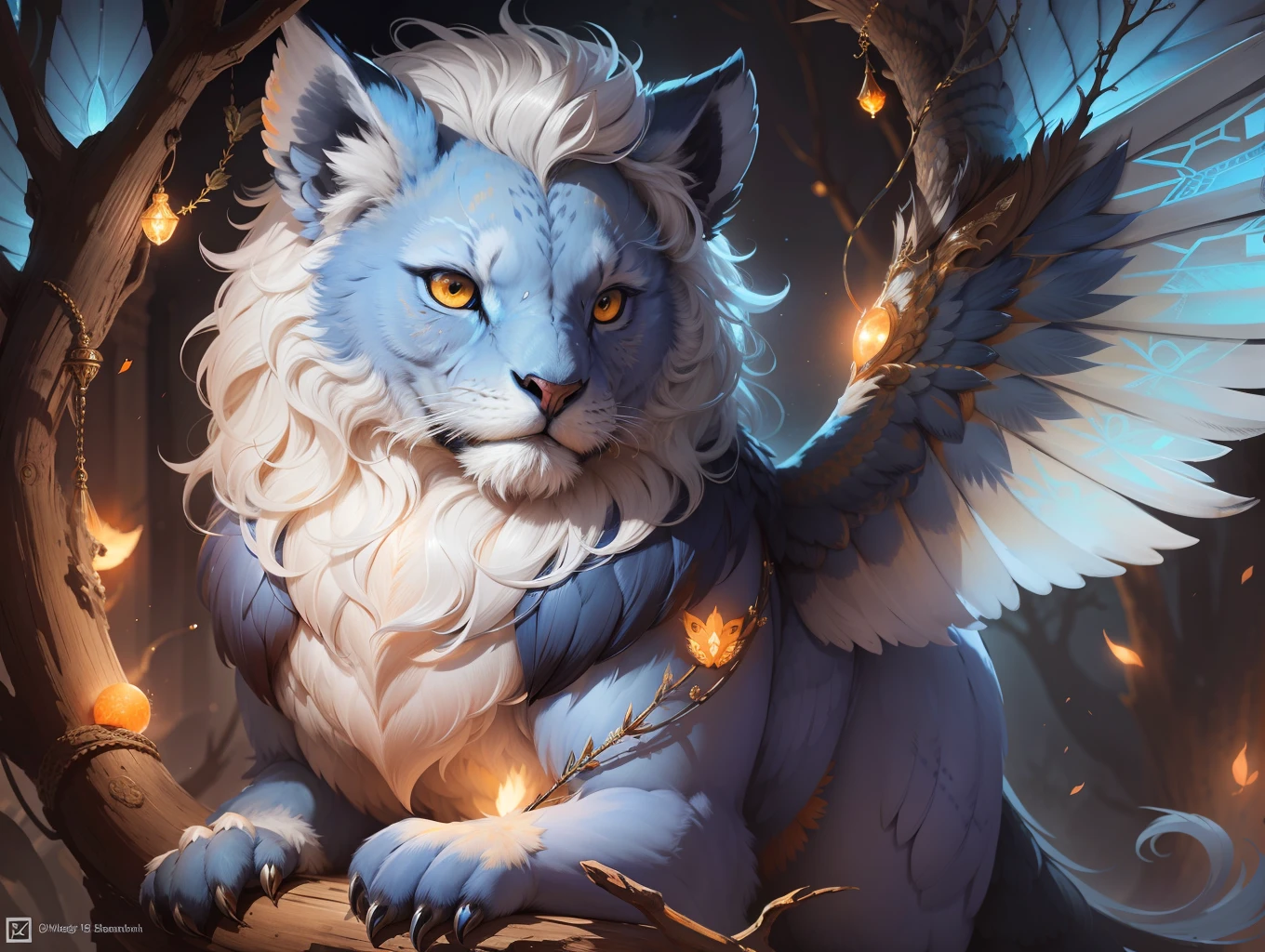 "Ultra-detailed and stunning masterpiece of a blue lion-headed owl with glowing white eyes, highlighted by its striking orange beak and under-eye accents. The creature's wings and long ears are beautifully rendered, adding to the impressive level of detail."